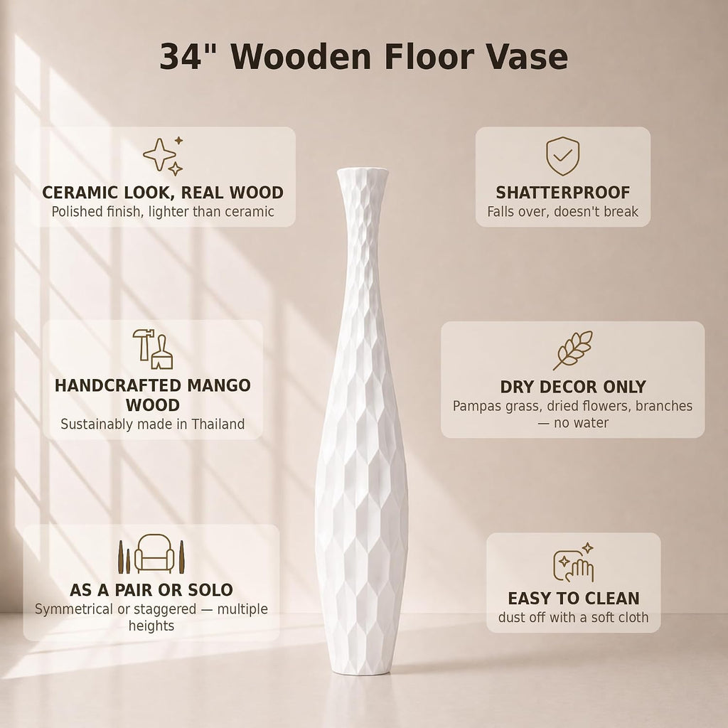 Leewadee Large White Home Decor Floor Vase - Wooden 34 inch Tall Farmhouse Decor Flower Holder for Fake Plant and Pampas Grass