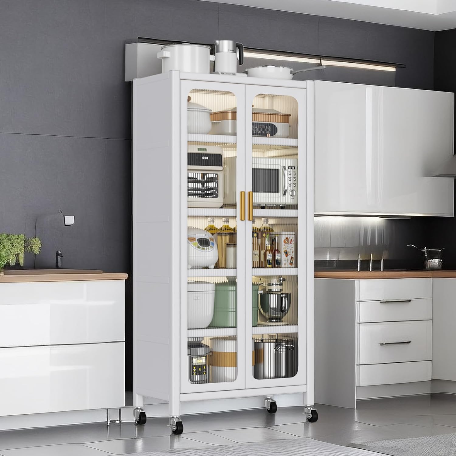 67.3' Kitchen Pantry Storage Cabinet,Display Storage Cabinet Magnetic Doors, Adjustable Shelves & Wheels,Metal Tall Food Pantries Cabinets,for Kitchen, Living Room and Dining Room, White