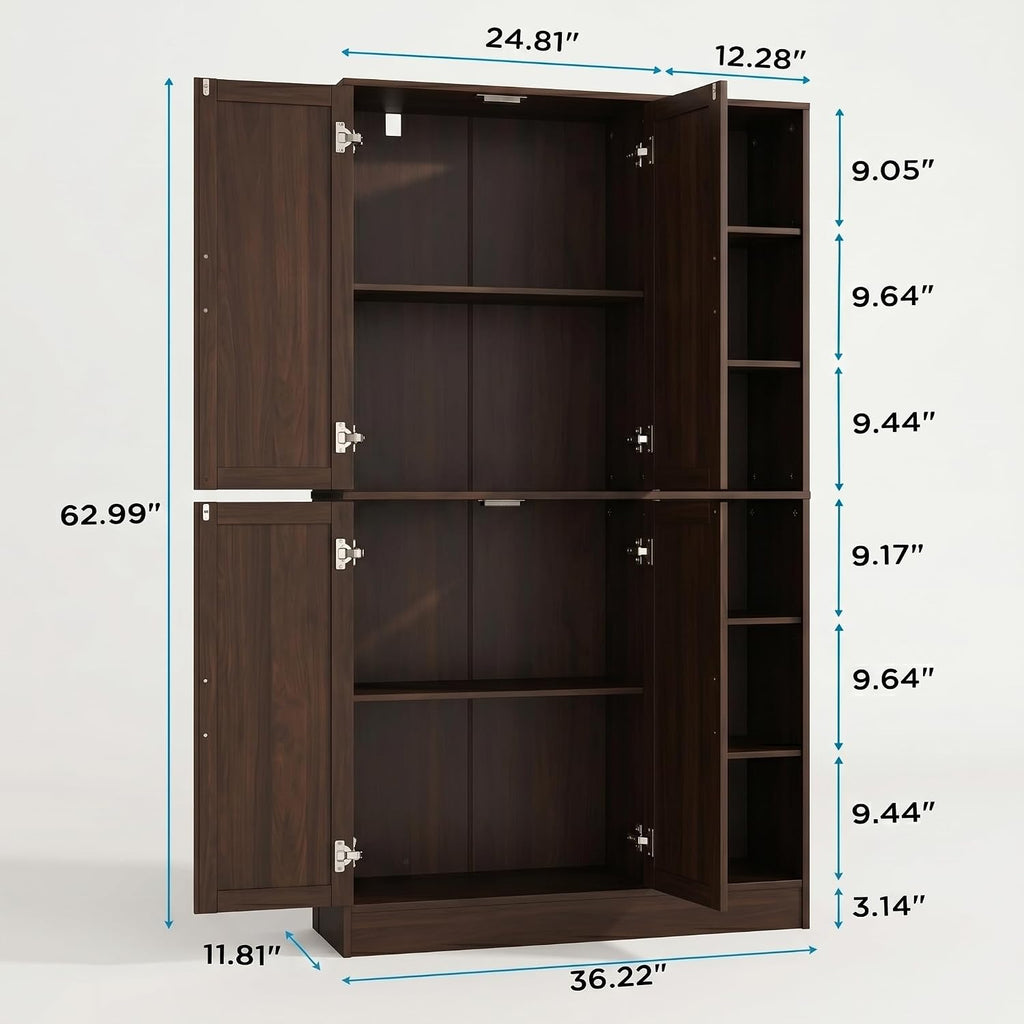 holzart 63' Tall Kitchen Pantry Cabinet, Freestanding Dining Room Storage Hutch with 4 Doors and Adjustable Shelves, Modern Utility Cupboard for Coffee Bar and Microwave, Brown