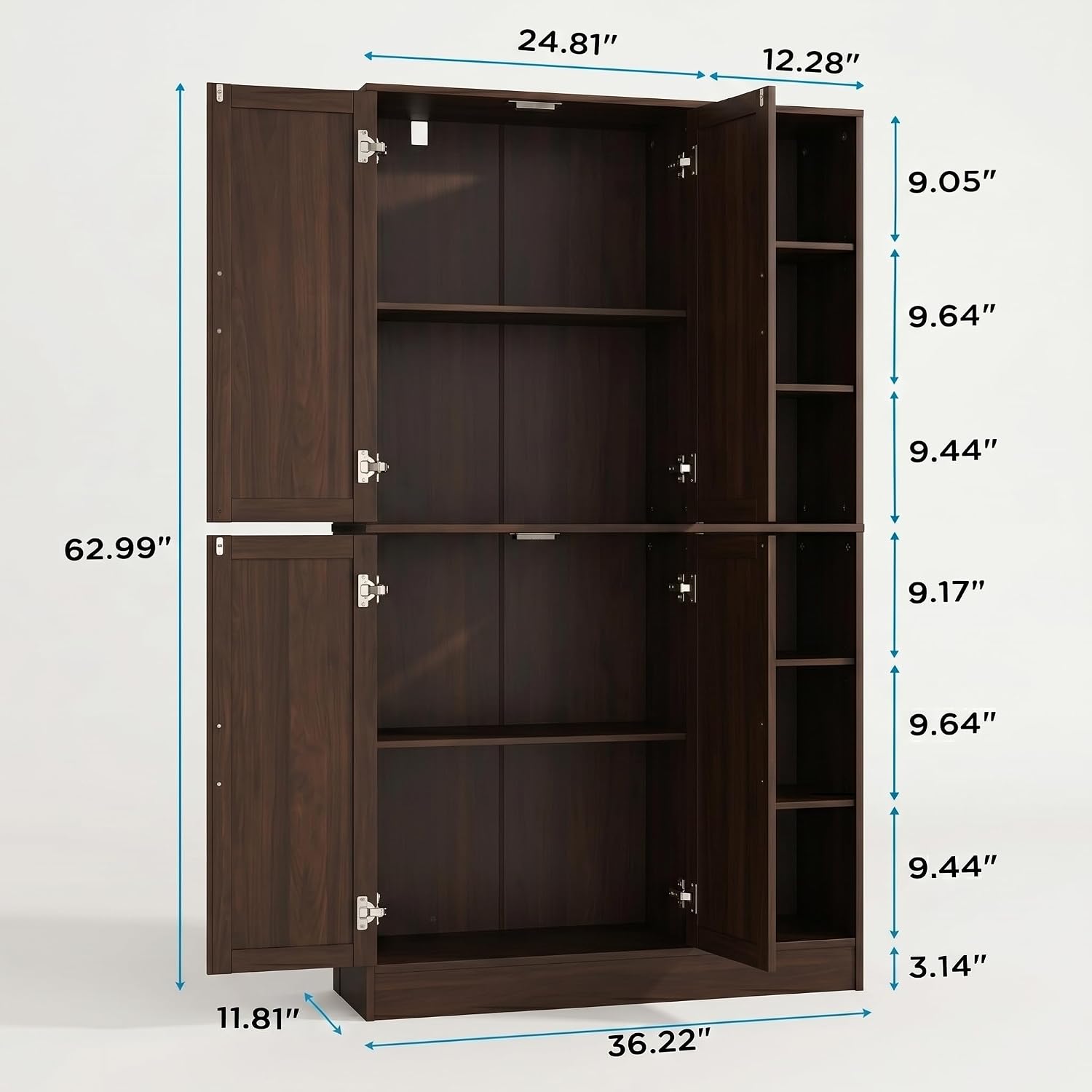 holzart 63' Tall Kitchen Pantry Cabinet, Freestanding Dining Room Storage Hutch with 4 Doors and Adjustable Shelves, Modern Utility Cupboard for Coffee Bar and Microwave, Brown