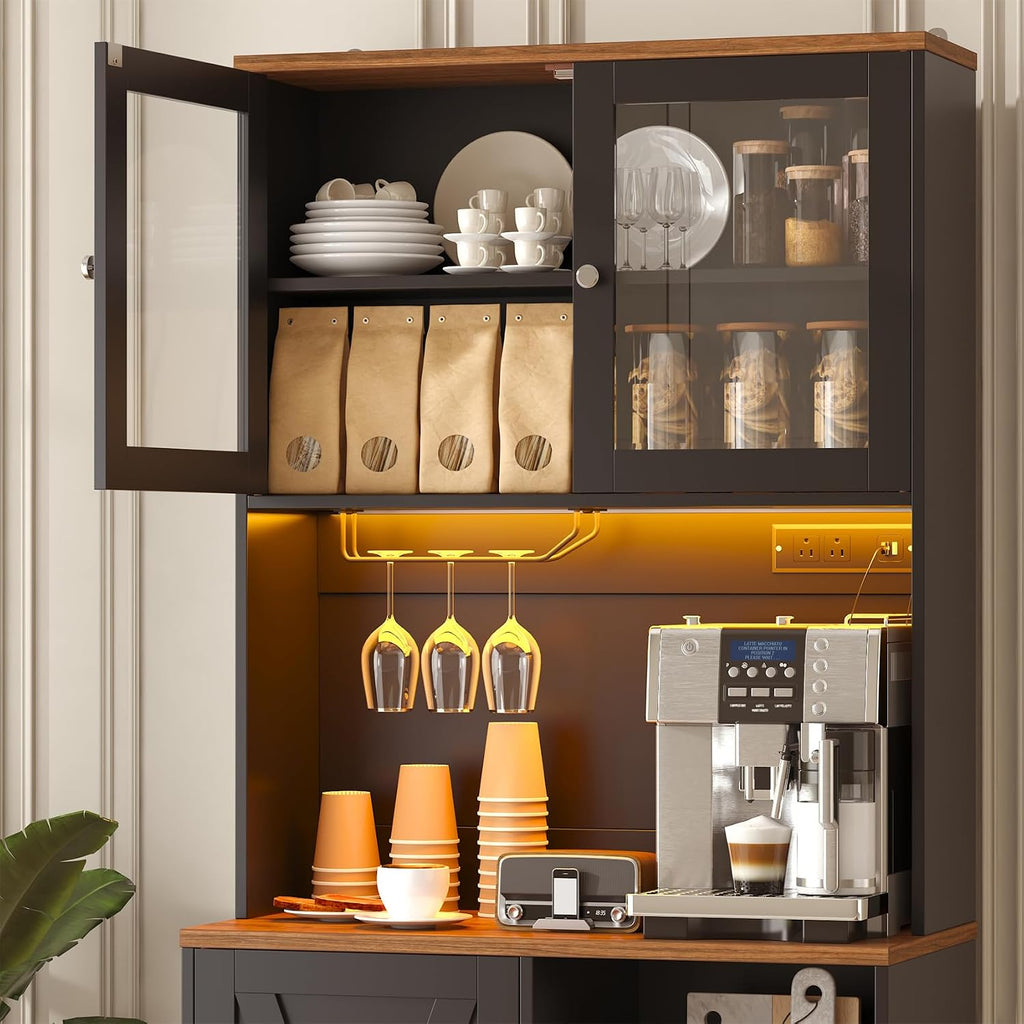 71' Tall Coffee Bar Cabinet with Storage Hutch, Farmhouse Kitchen Pantry Cabinet with LED Lights Microwave Stand and Glass Holder for Home Dining Room Kitchen (Black)