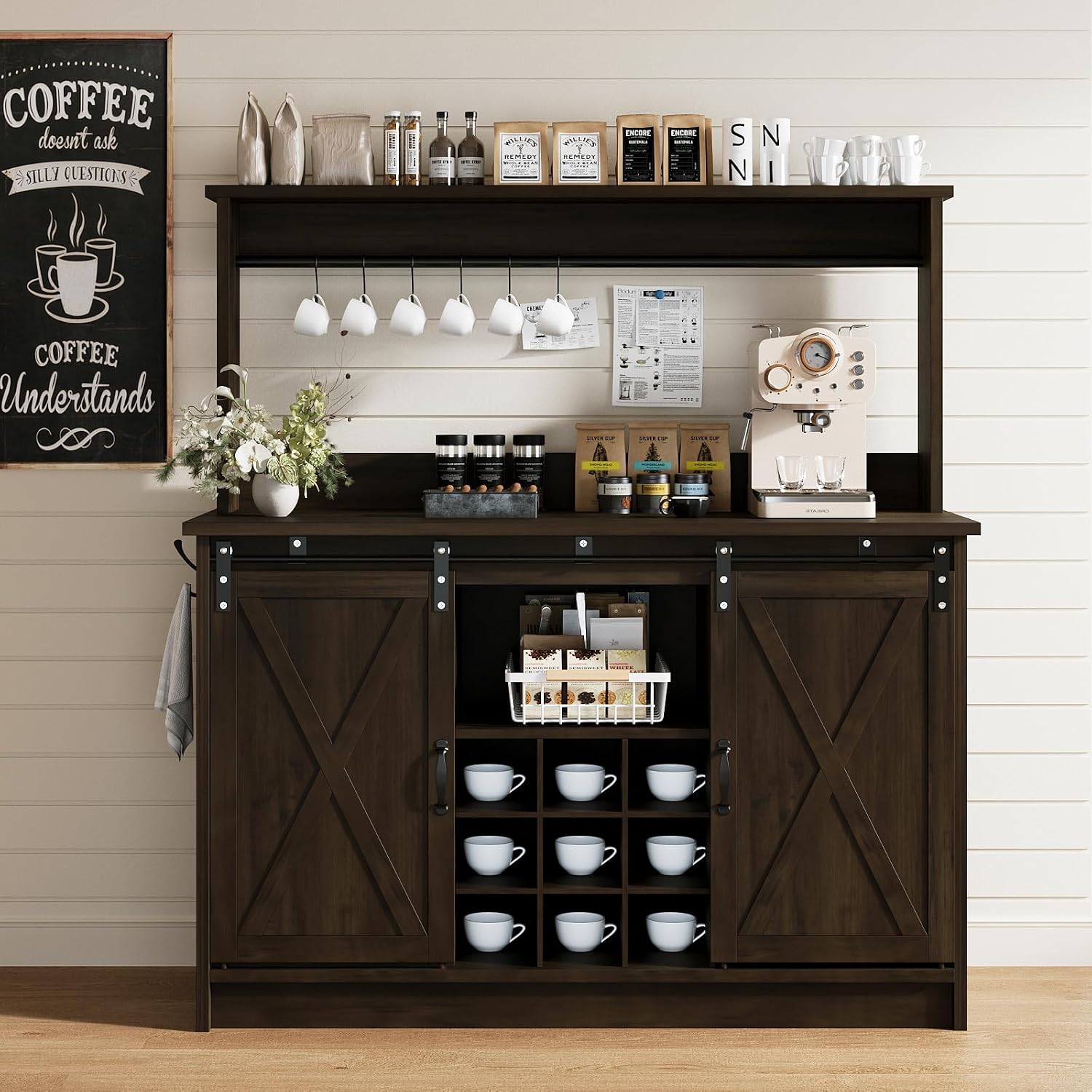 4ever2buy Farmhouse Coffee Bar Cabinet with Hutch and 6 Hooks, 47 Inch Wine Cabinet with Storage, Kitchen Buffet Cabinet with Adjustable Shelves &9 Wine Racks for Living Dining Room, Dark Oak
