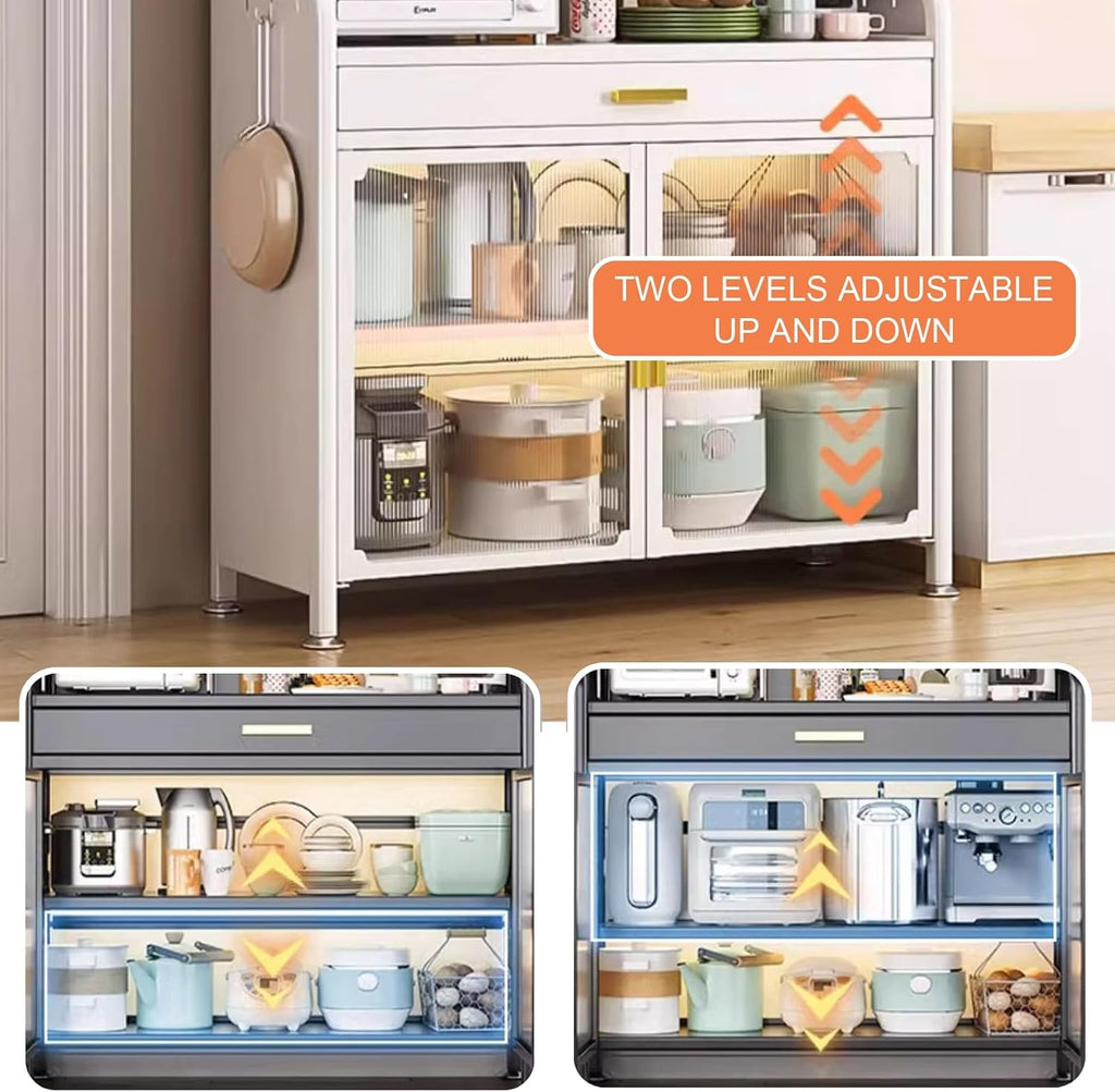 5-Tier Kitchen Bakers Rack with Drawers, Microwave Oven Stand with Storage Shelves, with Hooks*8, Storage Box*1, Chopstick Box*1(60cm)