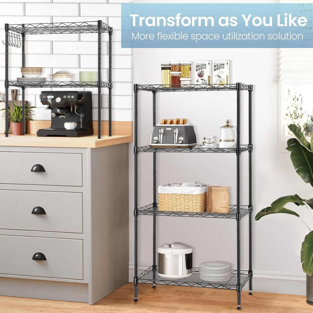 Himimi 6 Tier Storage Shelf Wire Shelving Unit Adjustable Rack Free Standing Organization with Leveling Feet, Stainless Side Hooks for Laundry Bathroom Kitchen Pantry Closet,2-Pack Shelves,Black