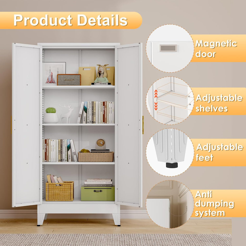 61' H Metal Kitchen Pantry Storage Cabinet, Freestanding Cupboard with 2 Doors and 3 Adjustable Shelves, Standing Storage for Kitchen, Bathroom, Garage, Dinning Room or Utility Room（White）