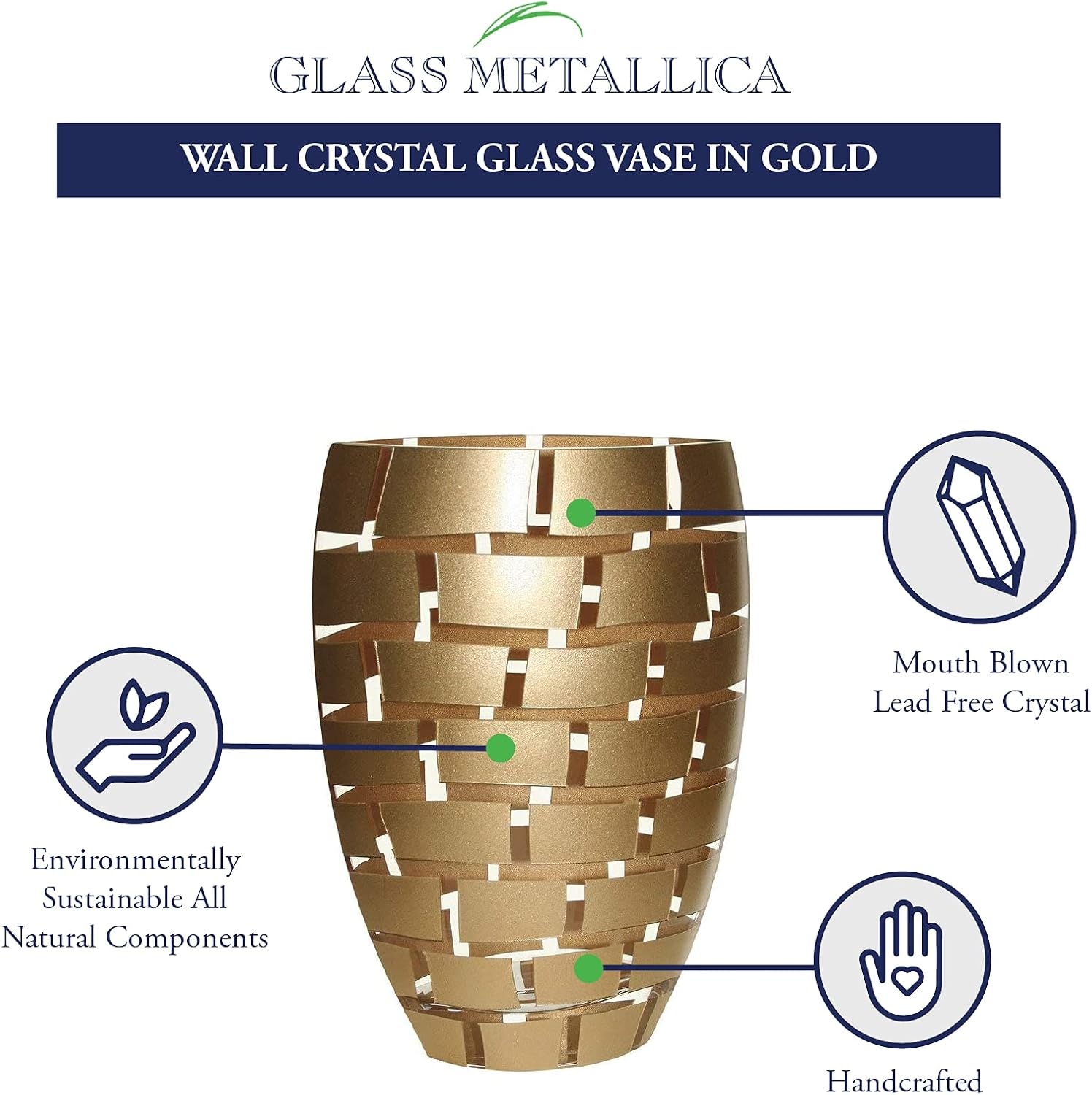 Badash Wall Crystal Glass Vase - 12' Tall Mouth-Blown European Crystal Vase in Gold - Fine Lead-Free Crystal Floral Vase & Home Decor Accent