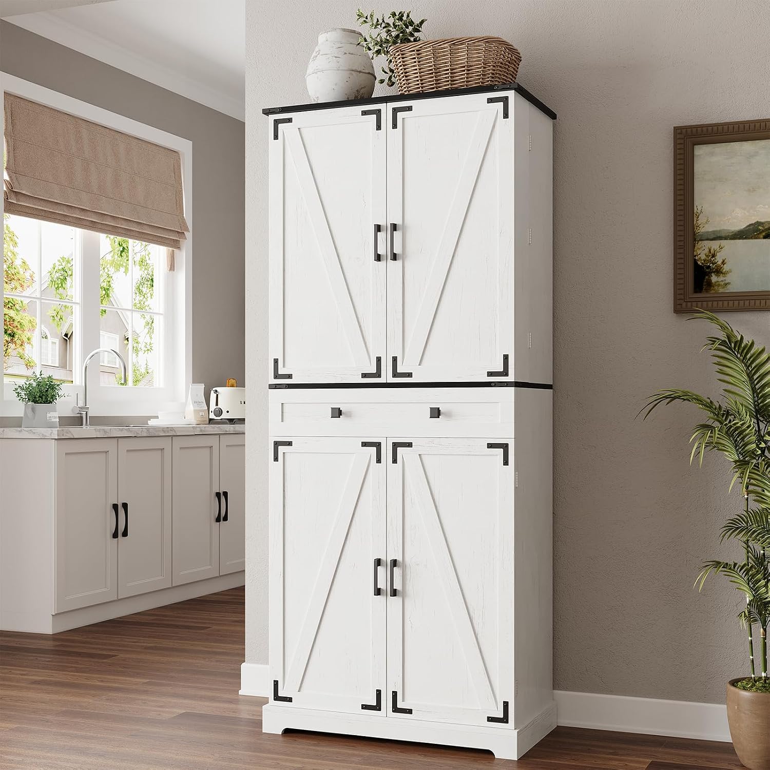 72' Kitchen Pantry Cabinet, Pantry Storage Cabinet with 8 Door Shelves and 3 Pull Out Shelves, Tall Pantry Cabinet with Adjustable Shelf and Large Drawer, Farmhouse Food Kitchen Hutch, For Dining Room