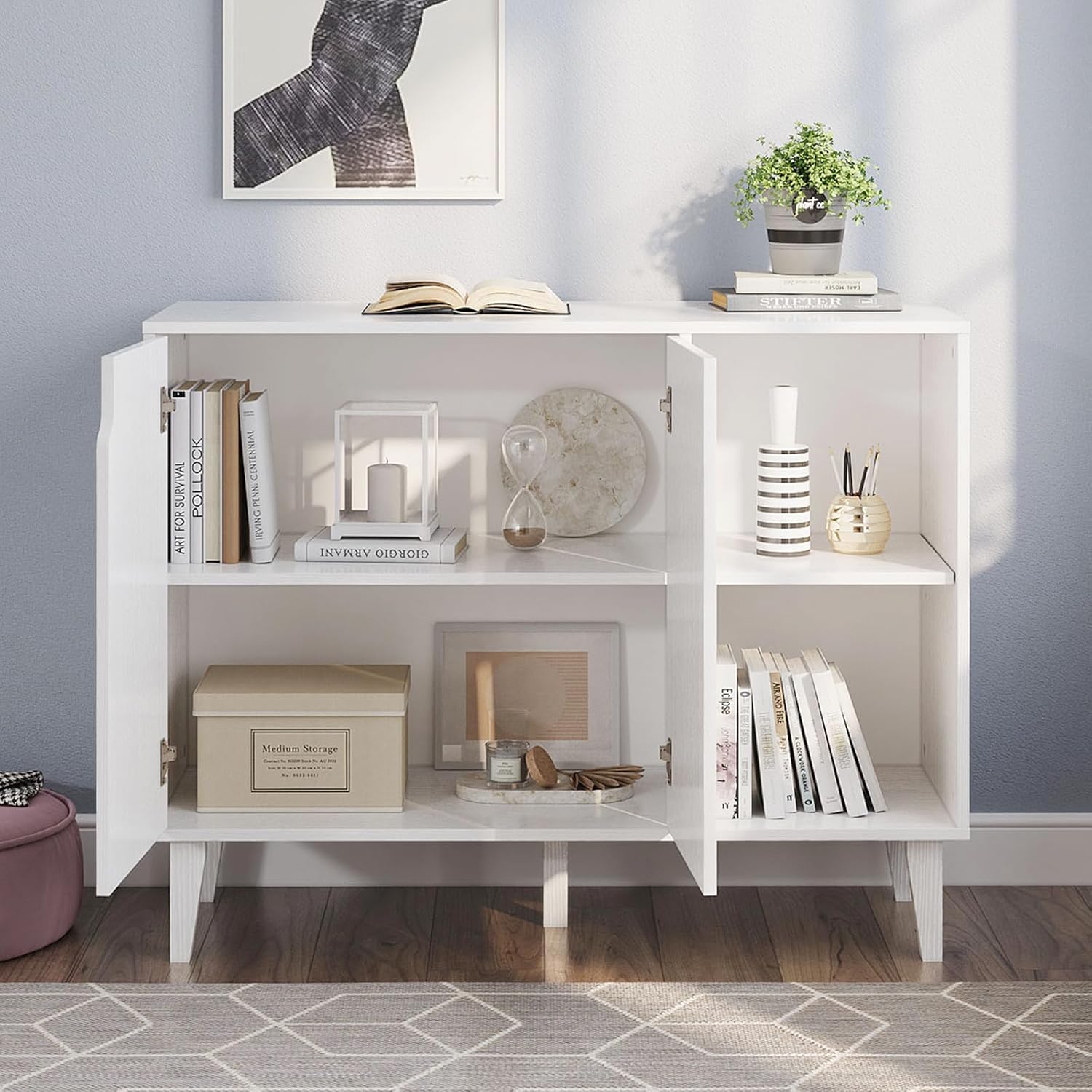 Panana Kitchen Buffet Cabinet Storage Sideboard with 2 Doors 2 Shelves, 41.8' L x 15' W x 32.5' H (White)