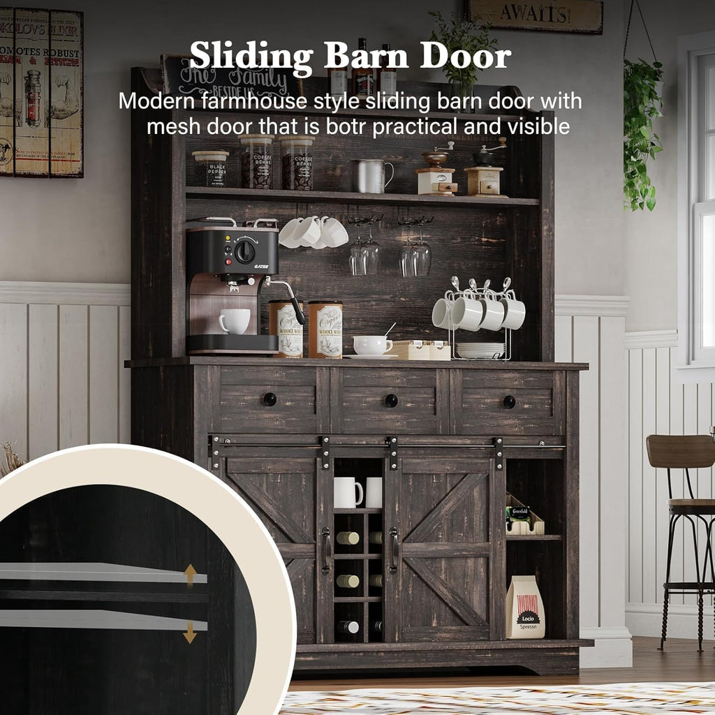 REVOMINCA 63 Inch Tall Coffee Bar Cabinet with 3-Tier, Kitchen Hutch with 3 Large Drawers, Farmhouse Coffee Bar with 9 Wine Racks & 3 Glass Holders, Wine Storage Cabinet for Living Dining Room, Oak