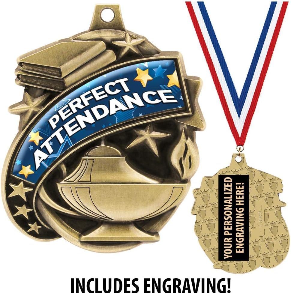 Attendance Medals - 1 1/2' Gold Perfect Attendance Medal, Great Academic Awards with Custom Engraving Prime