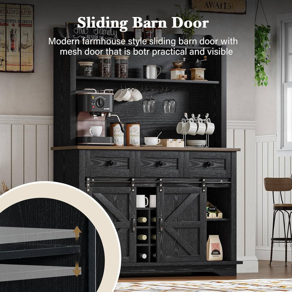 REVOMINCA 63 Inch Tall Coffee Bar Cabinet with 3-Tier, Kitchen Hutch with 3 Large Drawers, Farmhouse Coffee Bar with 9 Wine Racks & 3 Glass Holders, Wine Storage Cabinet for Living Dining Room, Black