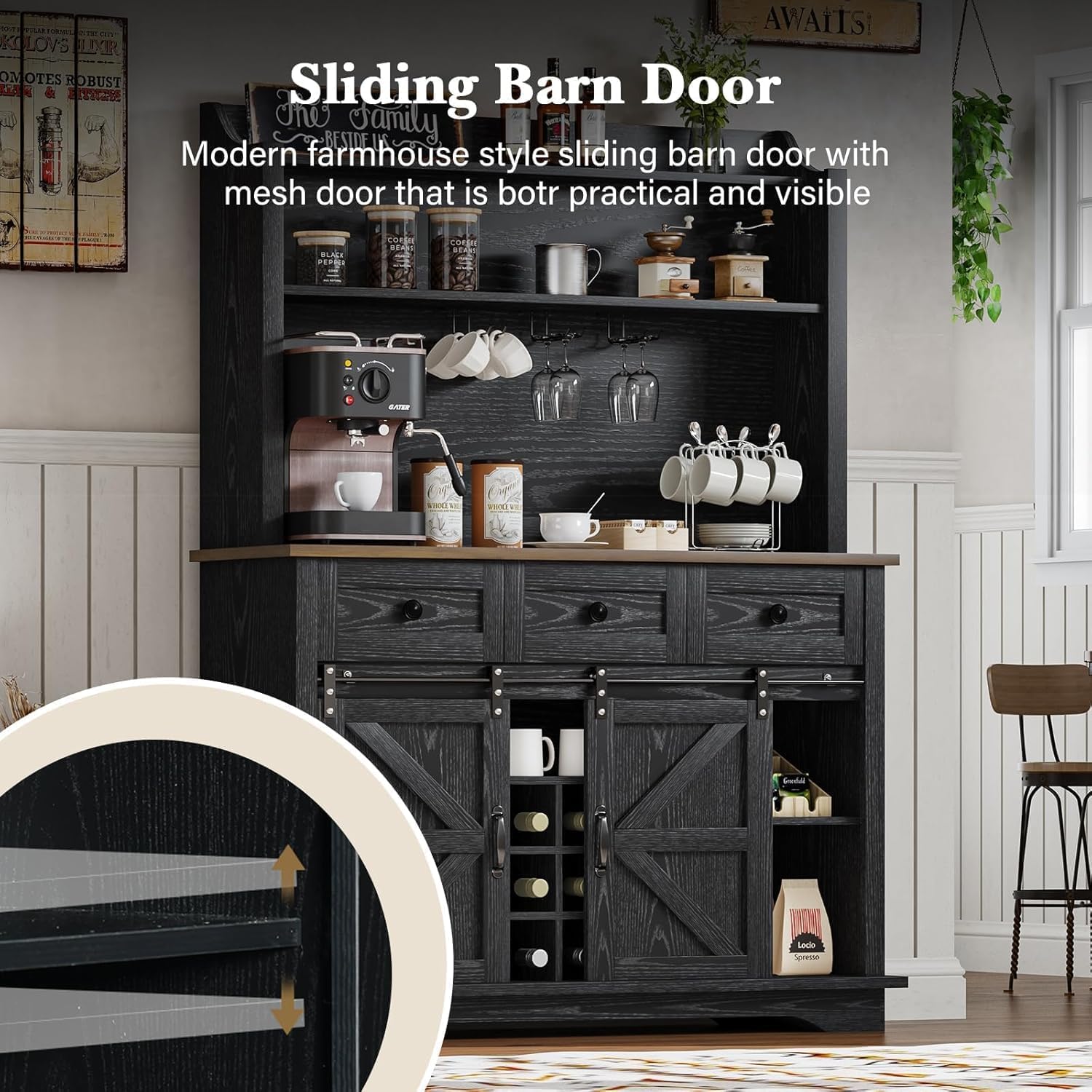 REVOMINCA 63 Inch Tall Coffee Bar Cabinet with 3-Tier, Kitchen Hutch with 3 Large Drawers, Farmhouse Coffee Bar with 9 Wine Racks & 3 Glass Holders, Wine Storage Cabinet for Living Dining Room, Black