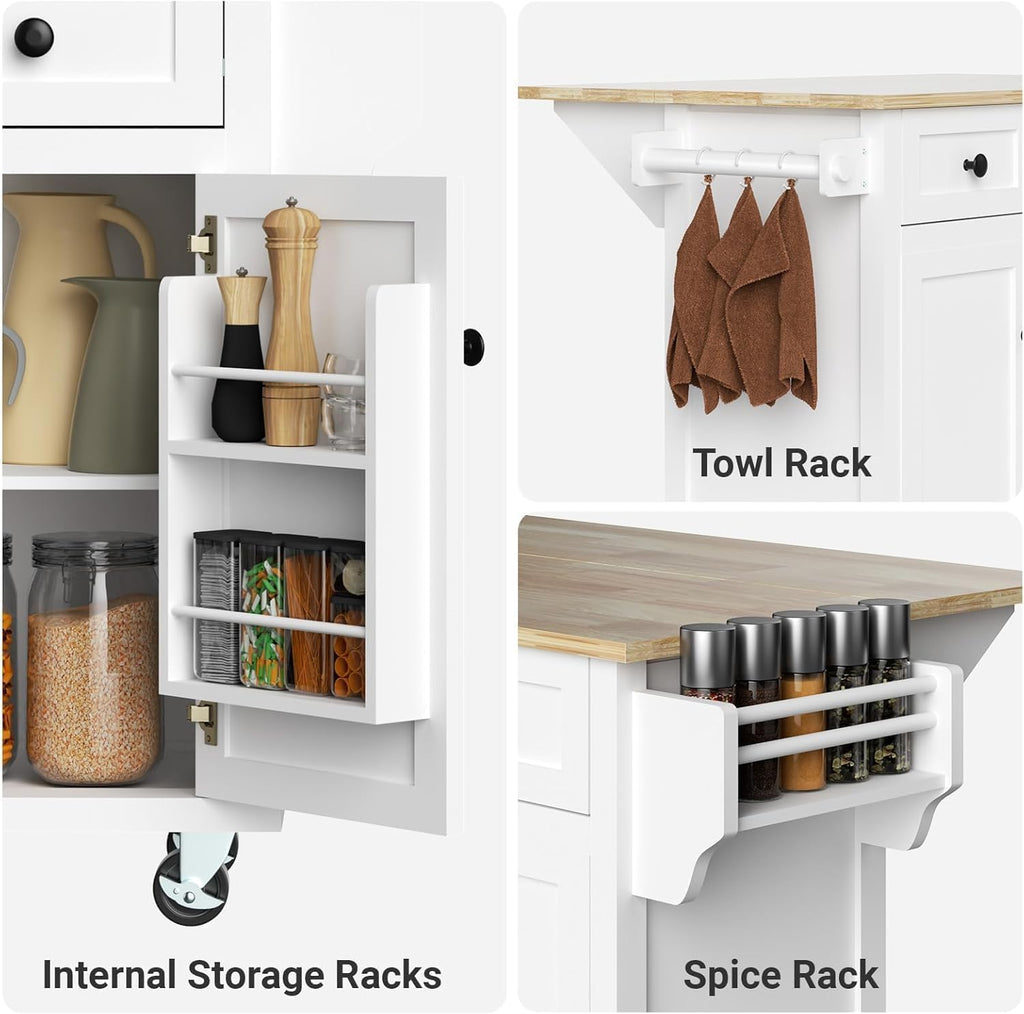 Rovibek Kitchen Island with Drawers 53 in Rolling Island Cart Mobile Portable Islands on Wheels Solid Wood Island with Storage Cabinet & Drawers, Bright White
