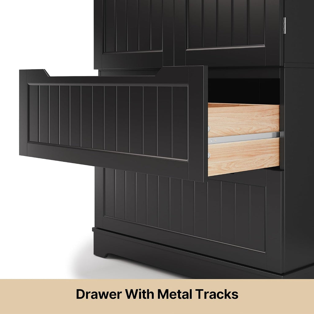 Gizoon Kitchen Storage Cabinets with Drawers Freestanding Kitchen Pantry with Doors and Shelves, 63' Food Pantry Cabinet for Dining Room Craft Room, Black, Painted