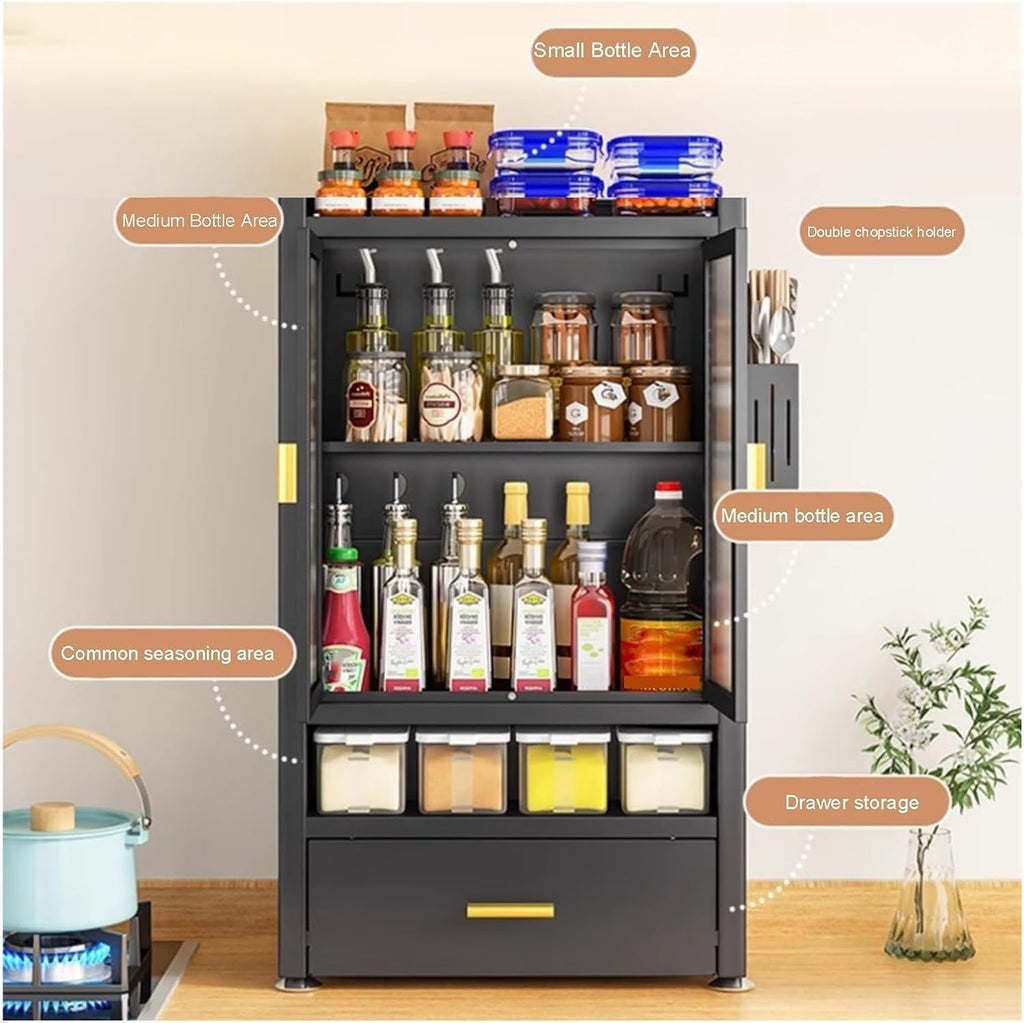 Kitchen Countertop with Drawers Dish Cabinet, Spice Rack, Dual Door Design, Multifunctional Kitchen Storage Cabinet(Small)