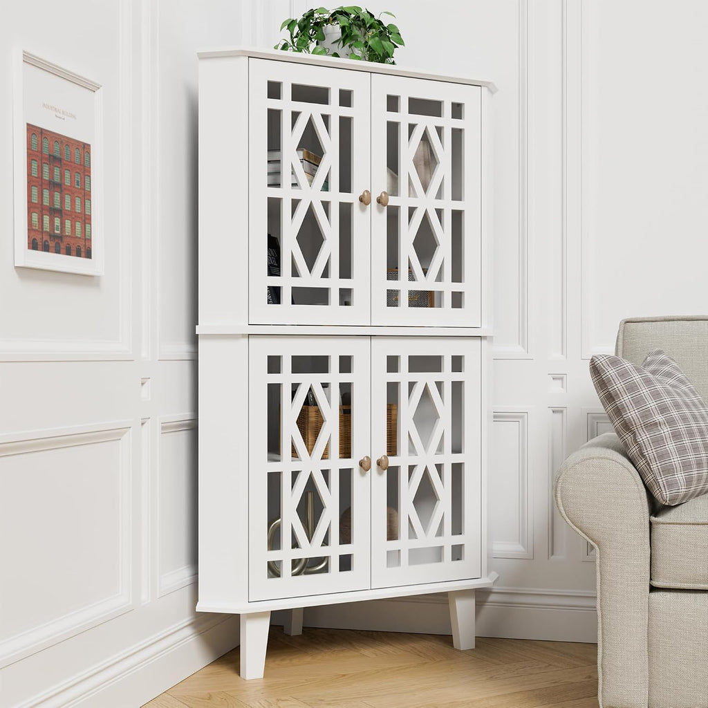 Scurrty Tall Corner Shelf Stand, Large Shelf Corner Table Sideboard Cabinet with 4 Doors and 4-Tier Shelves, Free-Standing Storage Organizer for Living Room, Dining Room & Bathroom (White)