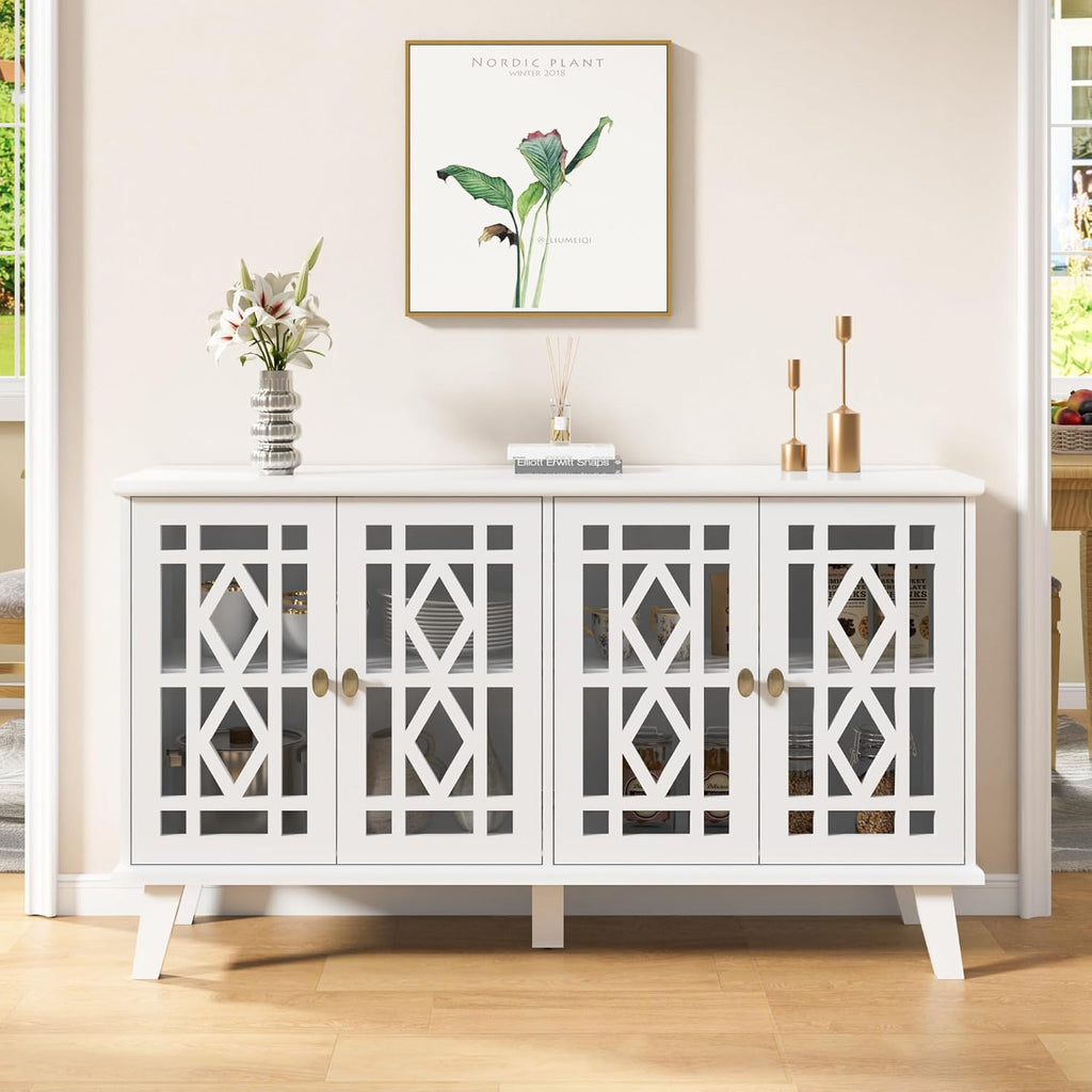 Scurrty 52' Buffet Cabinet with Storage,Sideboard with 4 Doors, Skeletonized Coffee Bar with Storage, Sideboard Cabinet for Dinning Room, Kitchen & Living Room (White)