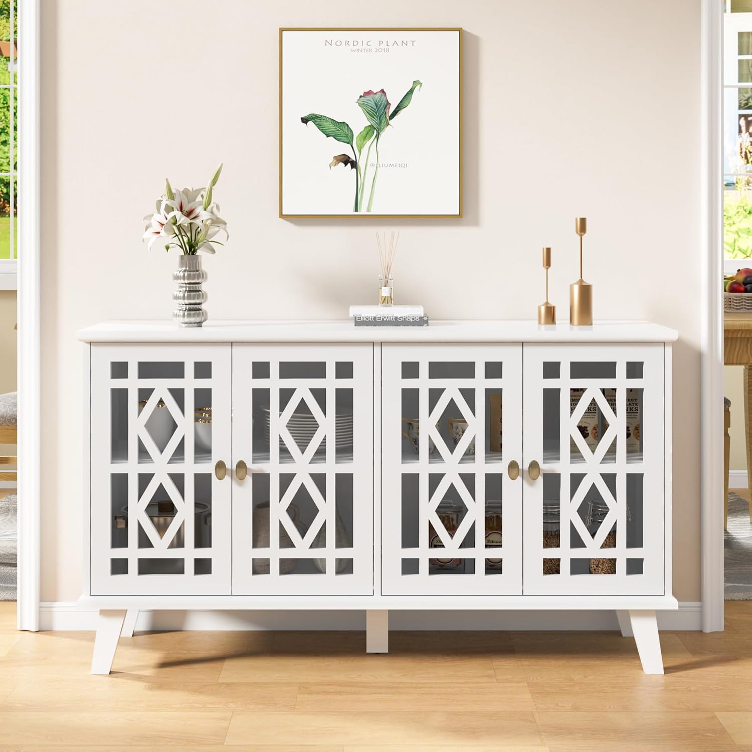 Scurrty 52' Buffet Cabinet with Storage,Sideboard with 4 Doors, Skeletonized Coffee Bar with Storage, Sideboard Cabinet for Dinning Room, Kitchen & Living Room (White)