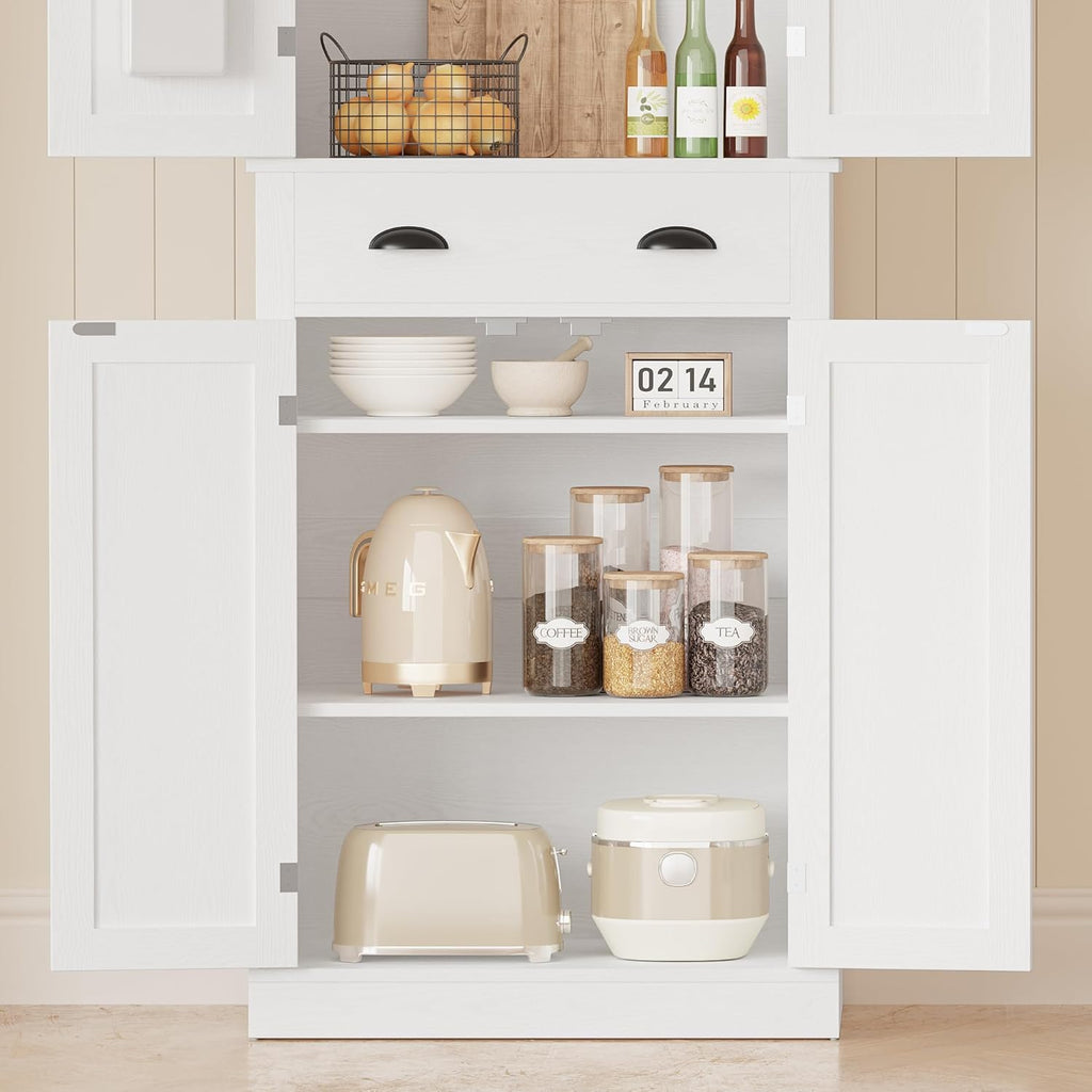 IRONCK Kitchen Pantry Storage Cabinet 72.6' H x 24' W, with Barn Doors, Drawer, 4 Adjustable Shelves, Freestanding Cupboard, Laundry, White