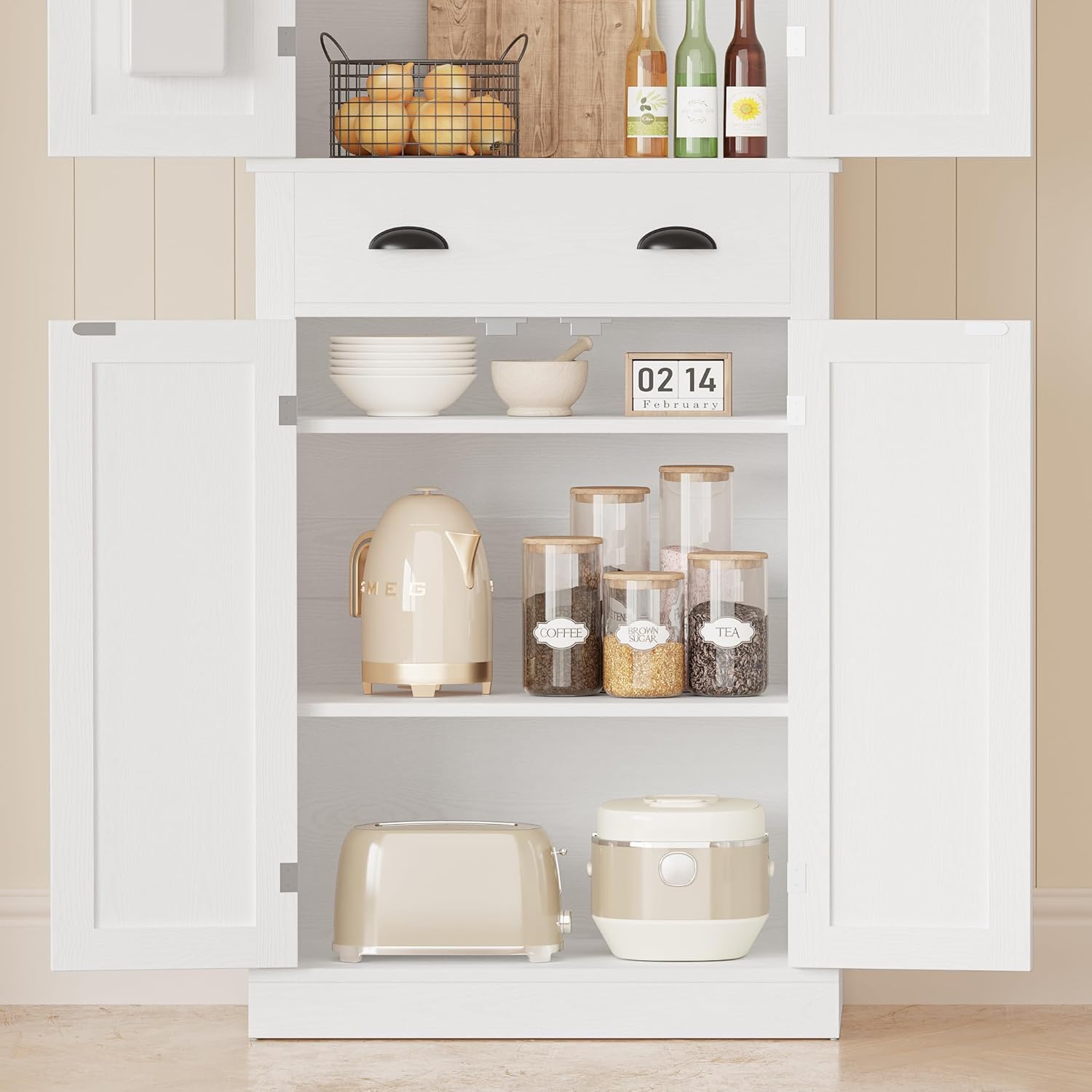 IRONCK Kitchen Pantry Storage Cabinet 72.6' H x 24' W, with Barn Doors, Drawer, 4 Adjustable Shelves, Freestanding Cupboard, Laundry, White