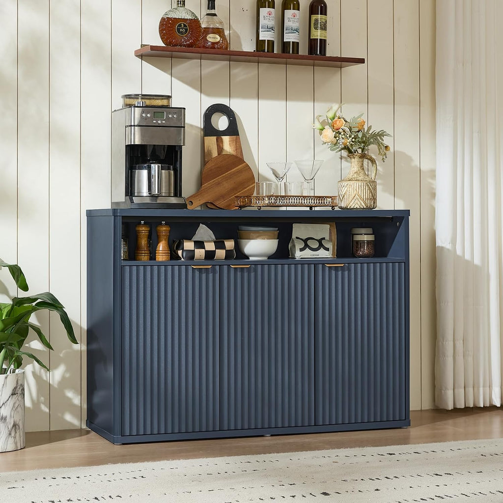 LEYAOYAO Fluted Buffet Cabinet with Storage, 45' Wide Wood Sideboard Credenza with 3 Doors & Open Storage Shelf, Modern Kitchen Console Accent Cabinets, Coffee Bar Table for Dining Room, Dark Blue