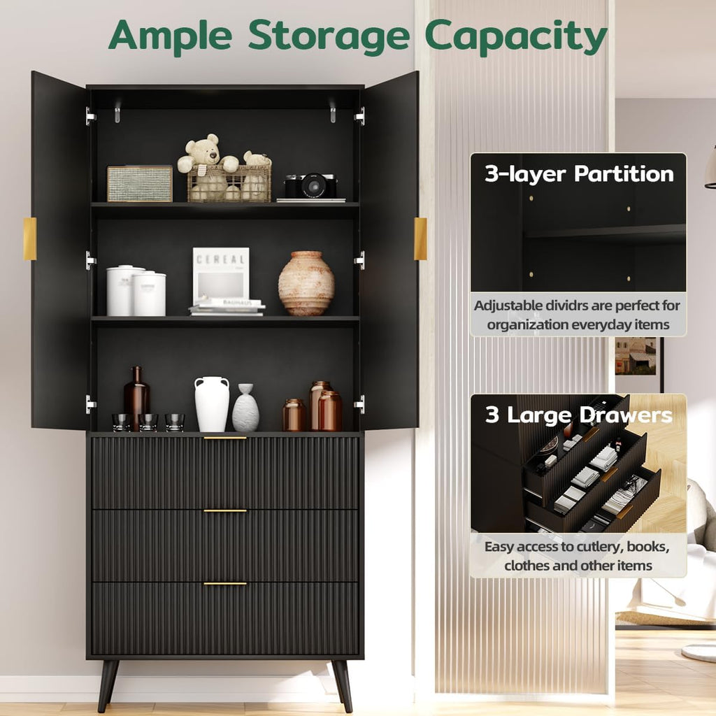 Tall Storage Cabinet, Kitchen Pantry Cabinet with Adjustable Shelves & Fluted Panel Design, Wood Cupboard with 3 Drawers 2 Doors, Tall Home Cupboard for Living Room, Kitchen, Black