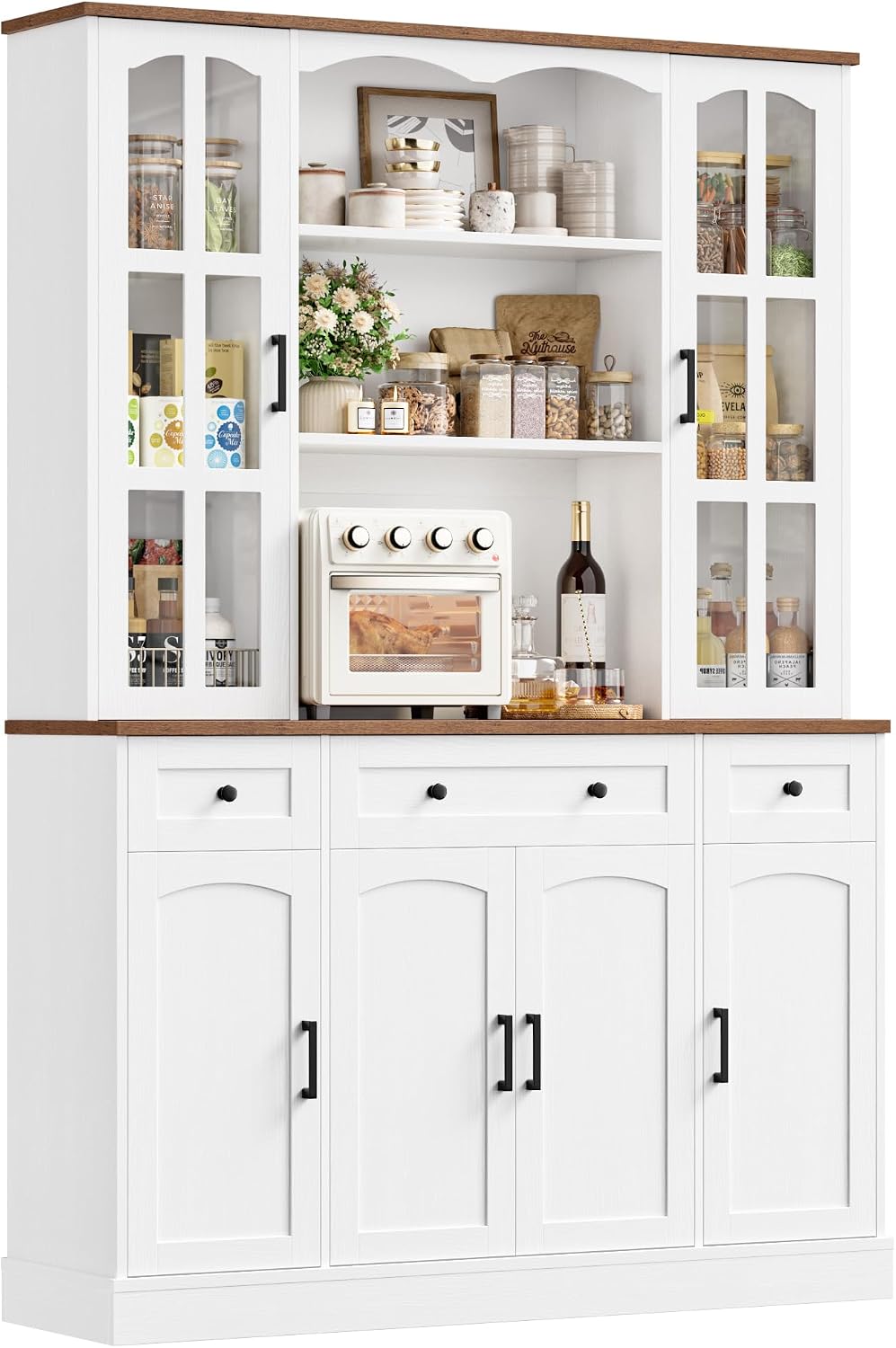 Keyluv 74.8' H Tall Pantry Cabinet with Microwave Stand and 3 Drawers, Large Kitchen Hutch Storage Cabinet with Glass Door and Adjustable Shelves for Kitchen, Dining Room, Living Room, White