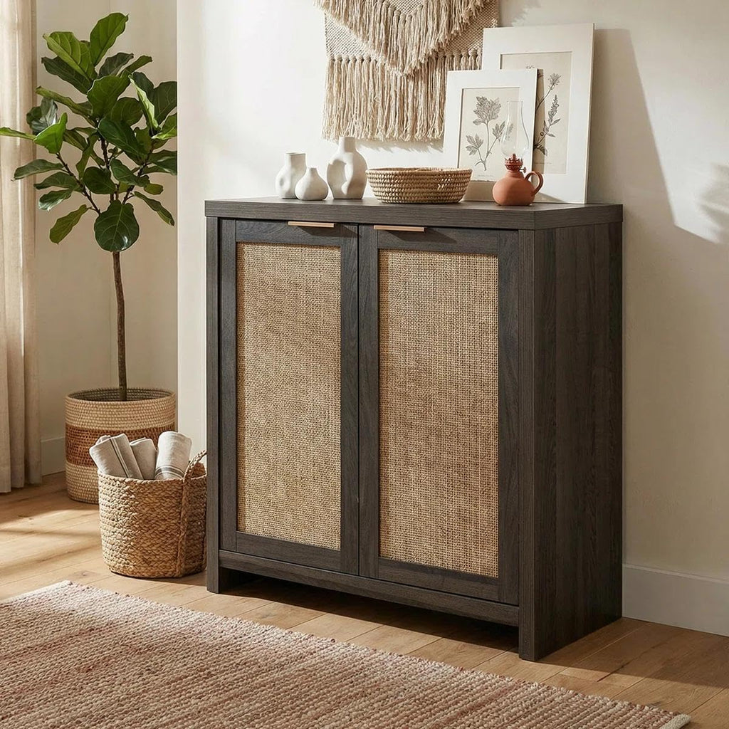 OAKHAM HOME Rattan Sideboard Cabinet with Storage, Buffet Cabinet with 2 Soft-Close Doors, Adjustable Shelves and 110 lbs Top, Storage Cabinet for Living Room, Kitchen, Entryway, Black Oak