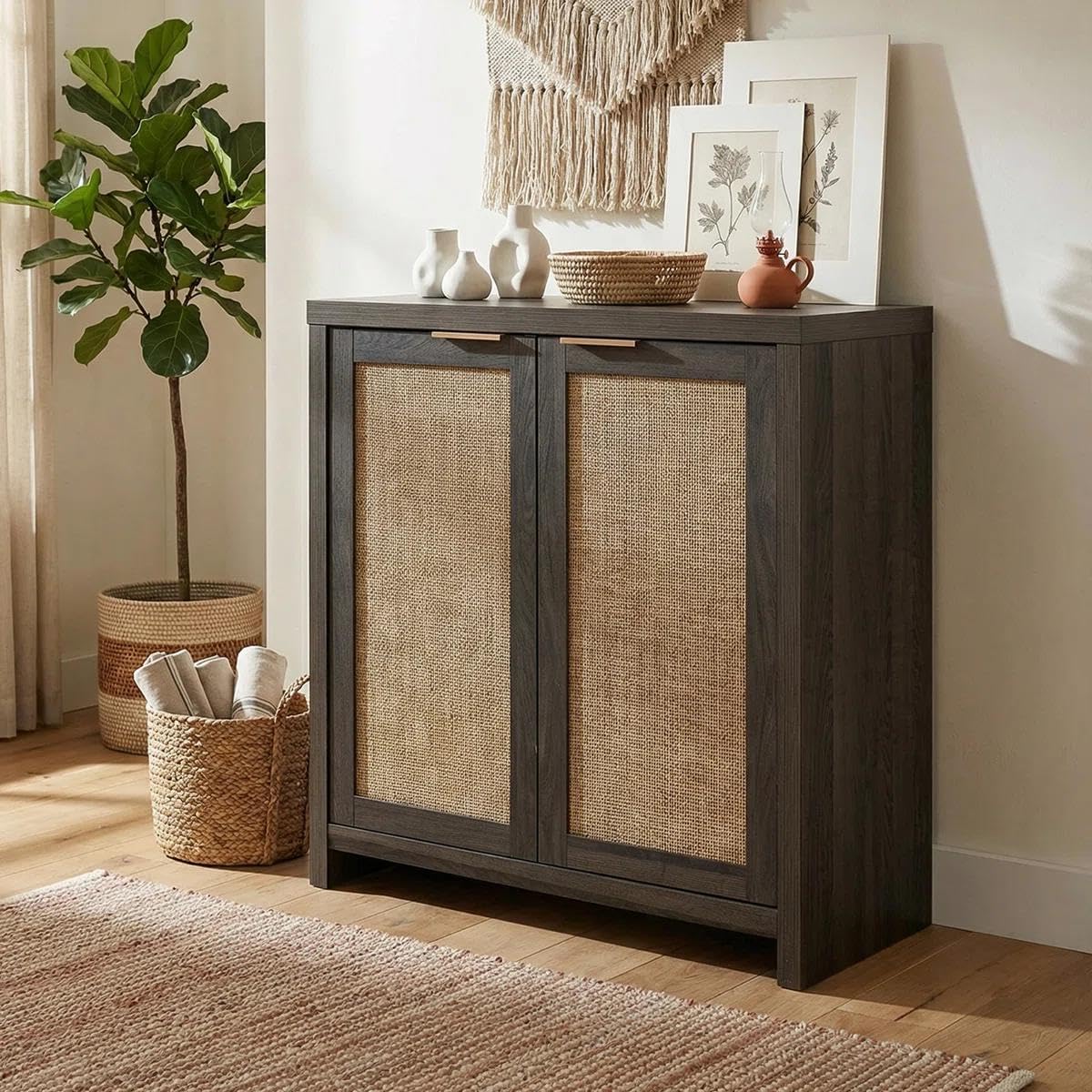 OAKHAM HOME Rattan Sideboard Cabinet with Storage, Buffet Cabinet with 2 Soft-Close Doors, Adjustable Shelves and 110 lbs Top, Storage Cabinet for Living Room, Kitchen, Entryway, Black Oak