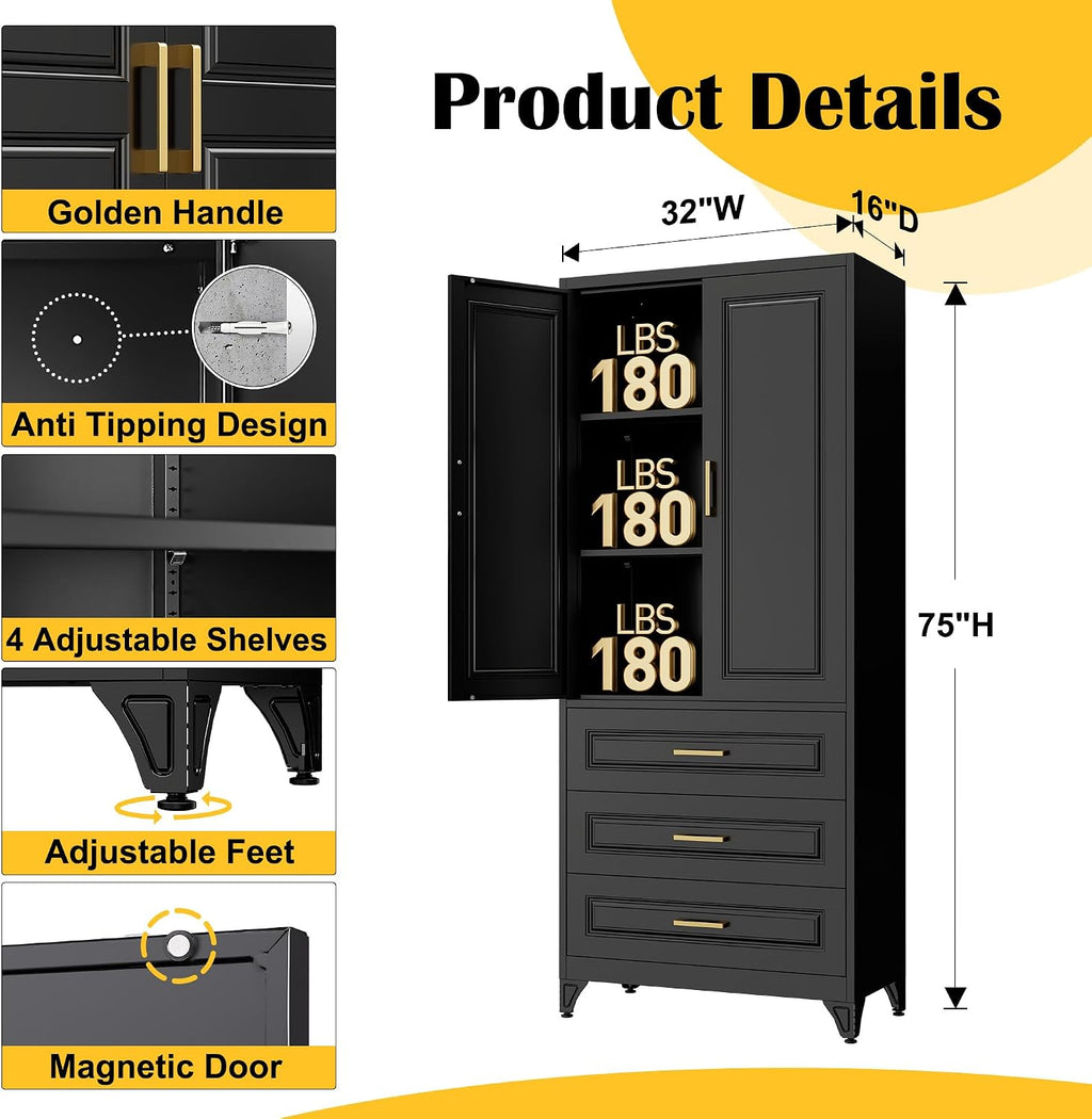 SteeLoong 75' Kitchen Pantry Cabinet with 3 Drawers,Metal Storage Cabinets with Doors and 2 Adjustable Shelves,Black Kitchen Cabinet with 2 Gold Handles,Food Cupboard for Livingroom, Bathroom,Pantry