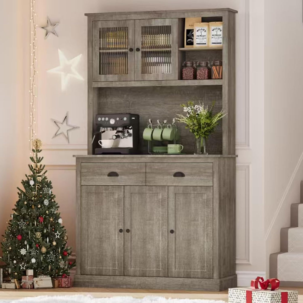 GarveeHome Pantry Cabinet with Drawers and Adjustable Shelves, 71' Tall Freestanding Kitchen Cabinet with Microwave Stand, Kitchen Hutch for Dining Room, Rustic Grey