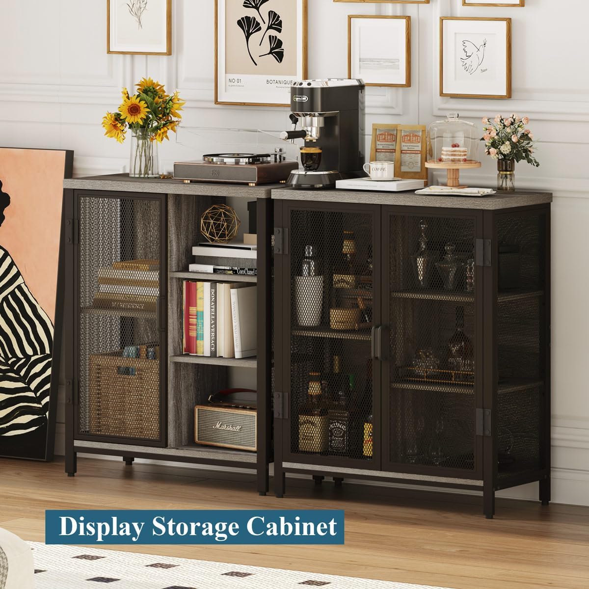 BON AUGURE Small Coffee Bar Cabinet with Storage, Farmhouse Liquor Cabinet for Home Coffee Station, Wood Sideboard Buffet with Doors for Kitchen, Dining Room, Living Room, Dark Grey Oak