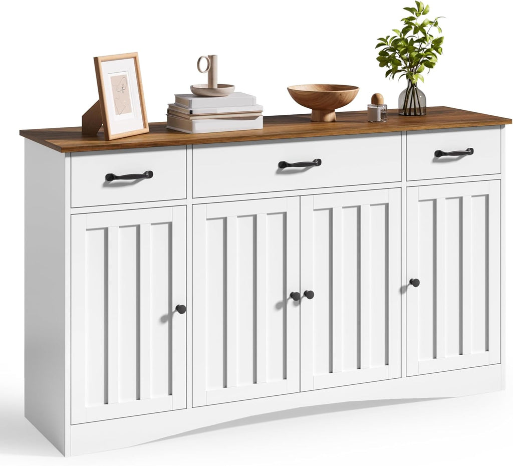 Gizoon Sideboard Buffet Cabinet with Storage, Modern Kitchen Sideboard and Coffee Bar with Drawers and Doors, Wood Buffet Table for Dining Room, 15.2' D x 55.1' W x 31.9' H, White/Rustic Brown
