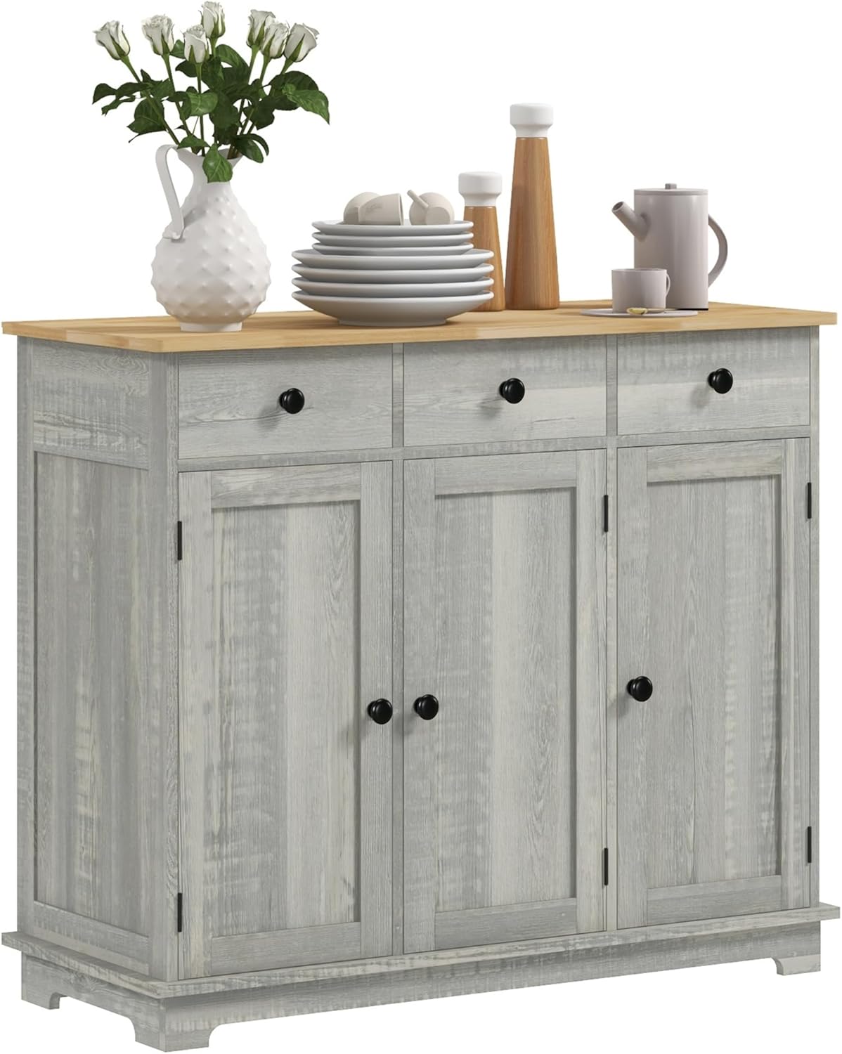 40' Solid Wood Top Freestanding Storage Cabinet, Kitchen Storage Bakers Rack with Drawers, Utility Food Cupboard with Adjustable Shelf for Dining Room Entryway, Light Gray