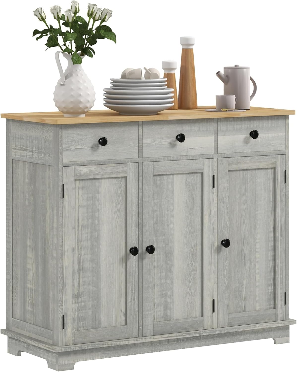 40' Solid Wood Top Freestanding Storage Cabinet, Kitchen Storage Bakers Rack with Drawers, Utility Food Cupboard with Adjustable Shelf for Dining Room and Entryway, Light Gray