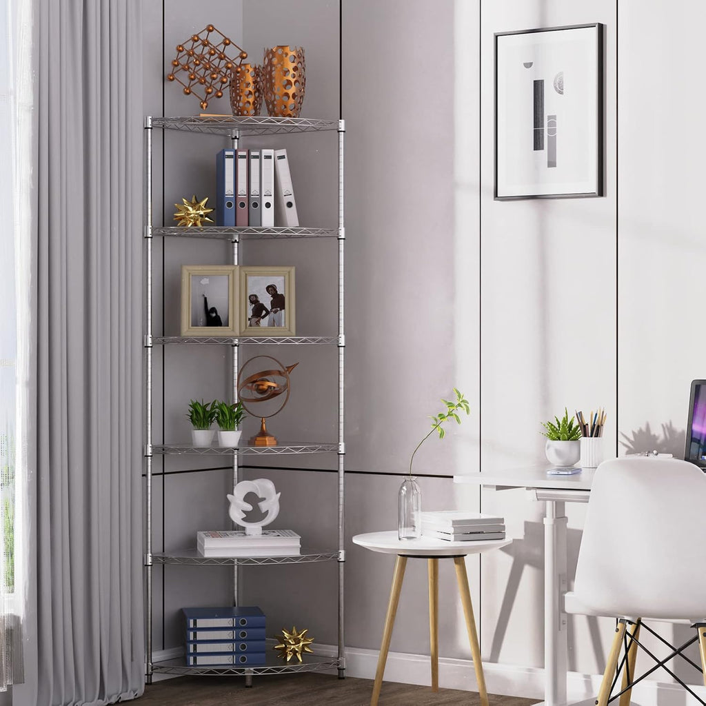 6 Tier NSF Corner Wire Shelf Shelving Unit, 18 x 18 x 72 Inch 420lbs Capacity Heavy Duty Adjustable Metal Storage Rack with Leveling Feet & Shelf Liners for Office Kitchen Bathroom and More - Chrome