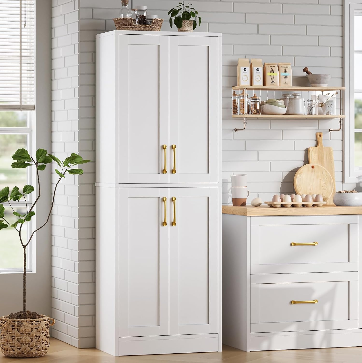 Pantry - Kitchen Pantry Cabinet with 4 Doors and Adjustable Shelves, Tall Black Cabinet Freestanding Storage Cupboard for Dining Room Living Room, Laundry, Bathroom (White)