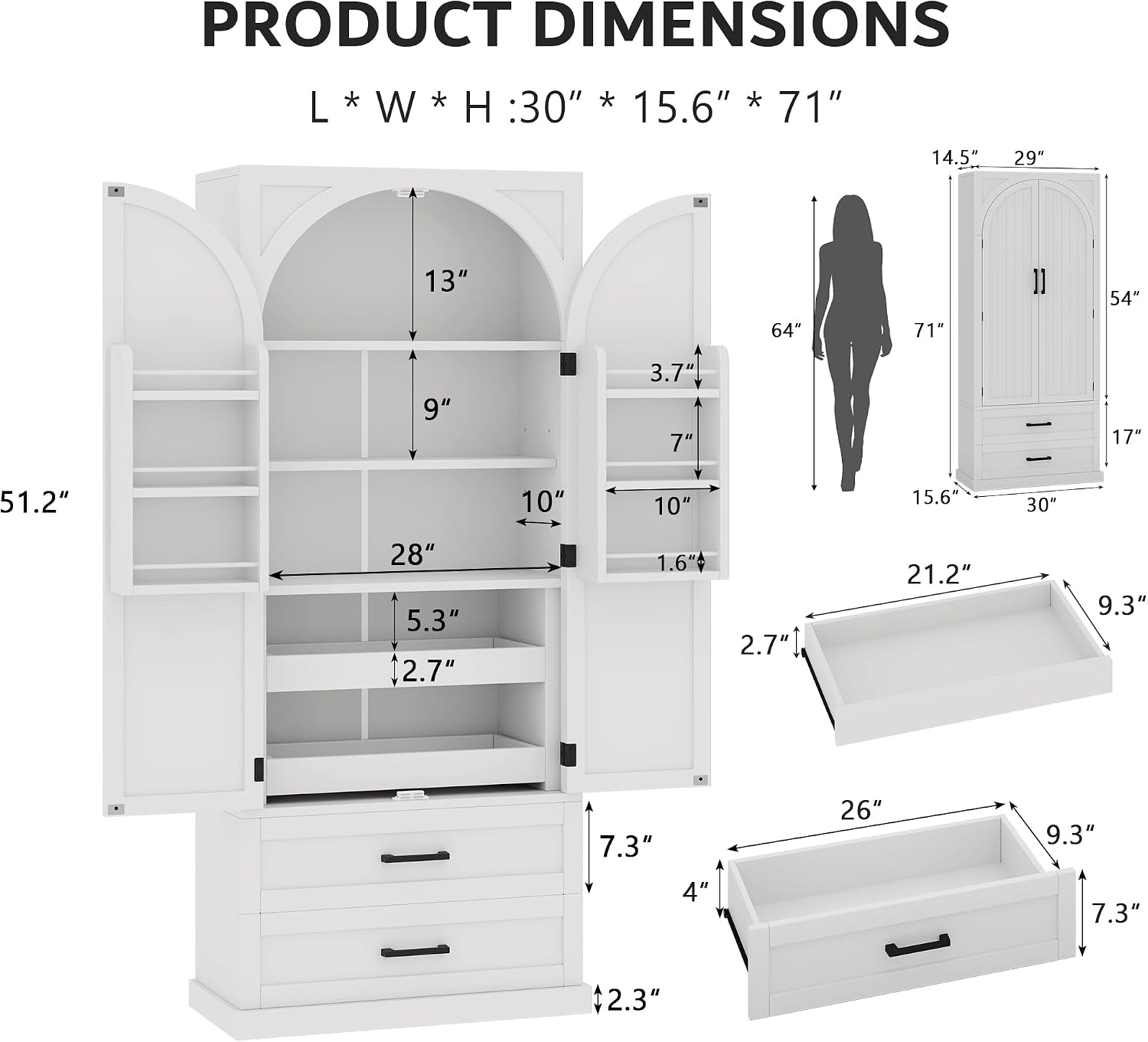 iPormis 71' Tall Kitchen Pantry Storage Cabinet w/Adjustable Shelf, Door Shelves & Large Drawers, Freestanding Kitchen Cupboard for Dining Room/Living Room, White