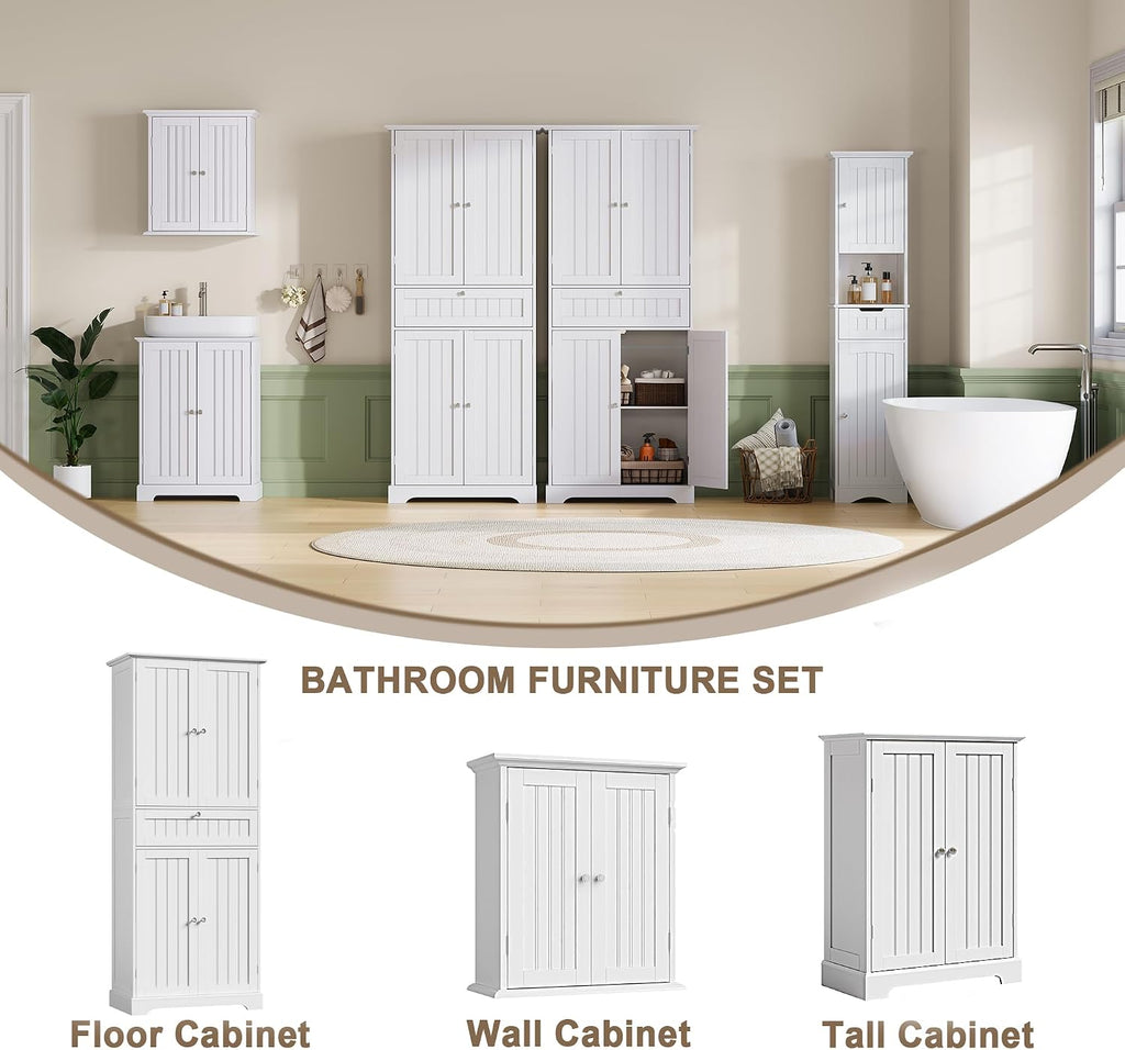 ChooChoo 72' H Tall Bathroom Floor Cabinet, Modern Bathroom Storage Cabinet with Drawer and Adjustable Shelves, Freestanding Kitchen Pantry Cupboard with 4 Doors for Living Room, White