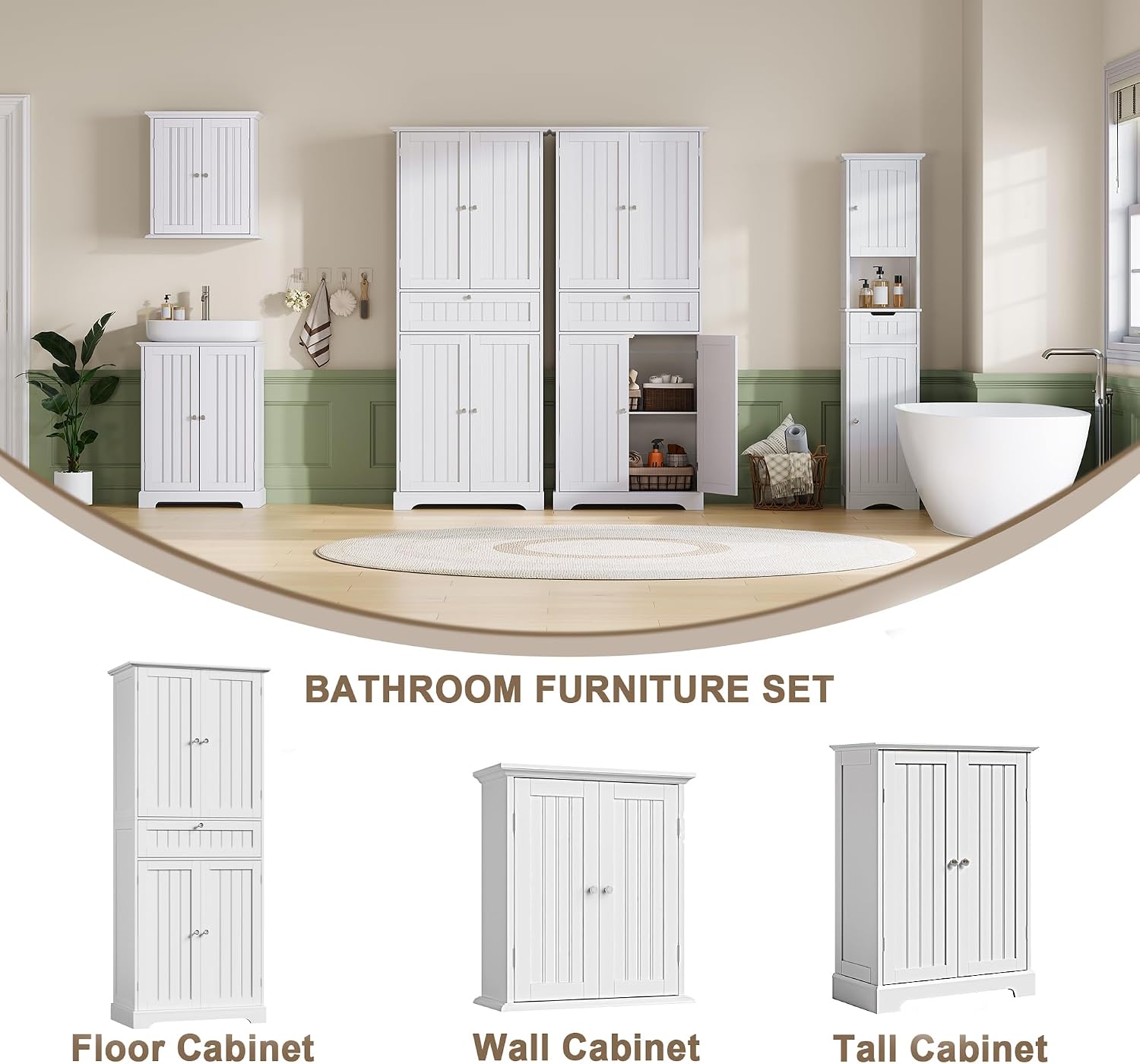 ChooChoo 72' H Tall Bathroom Floor Cabinet, Modern Bathroom Storage Cabinet with Drawer and Adjustable Shelves, Freestanding Kitchen Pantry Cupboard with 4 Doors for Living Room, White