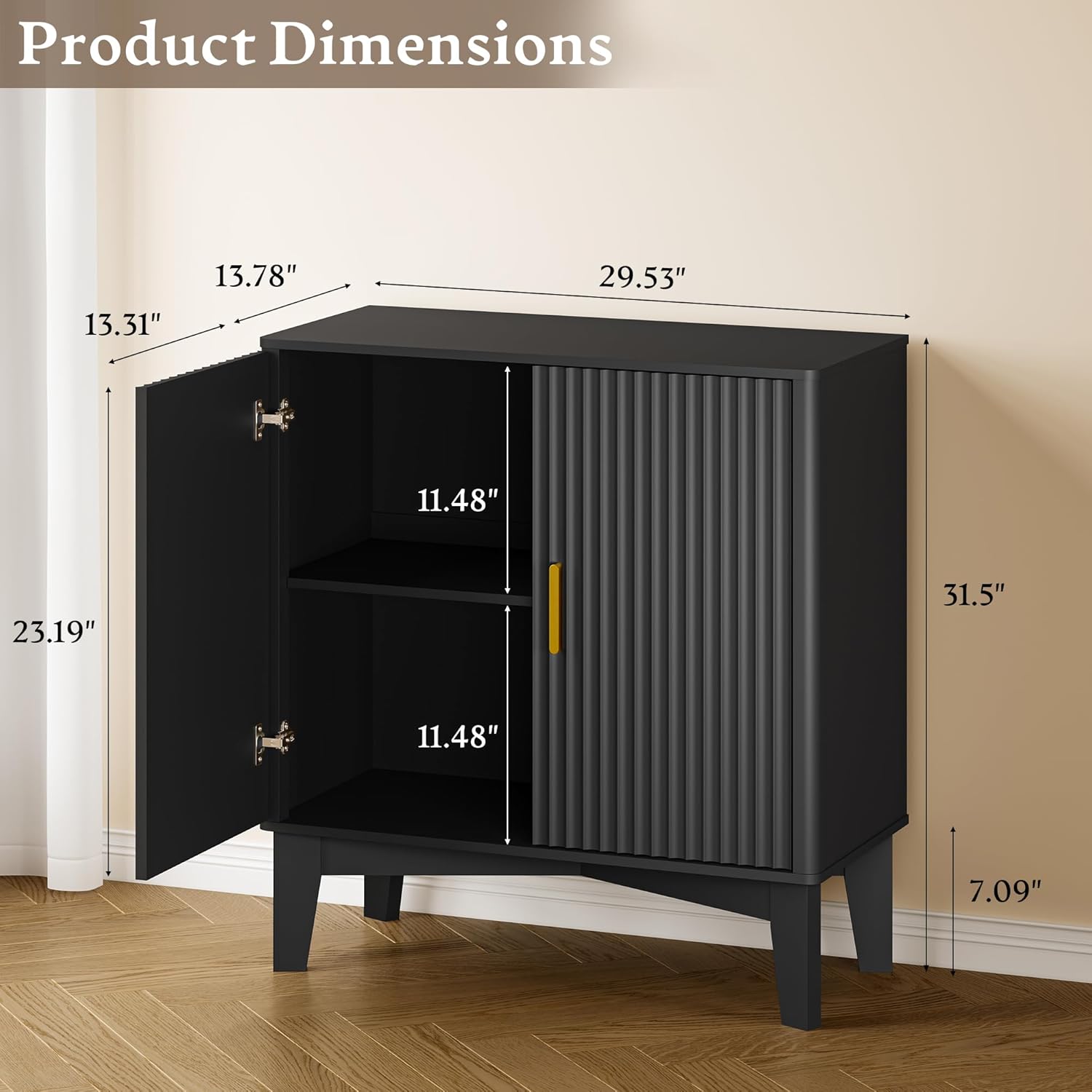 BORNOON Storage Cabinet with Doors and Adjustable Shelf, Modern Fluted Sideboard Buffet Cabinet, Freestanding Coffee Bar for Kitchen, Pantry, Entryway, Living Room (Black)