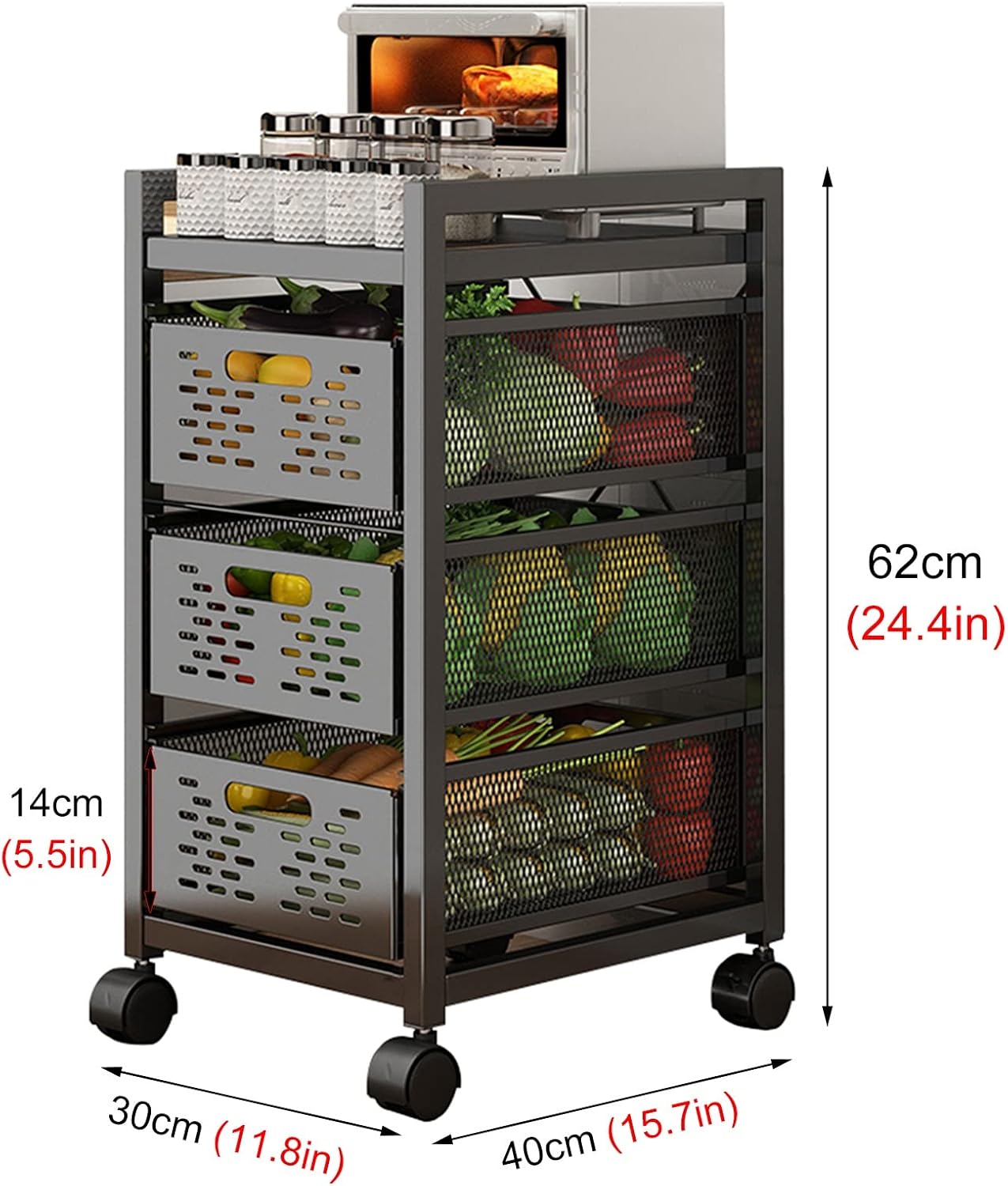 Kitchen Counter Baker's Rack with Drawers, Stackable Storage Fruit Vegetables Basket, Microwave Oven Coffee Machine Organizer Shelf, Black (Size : 3 Tier)