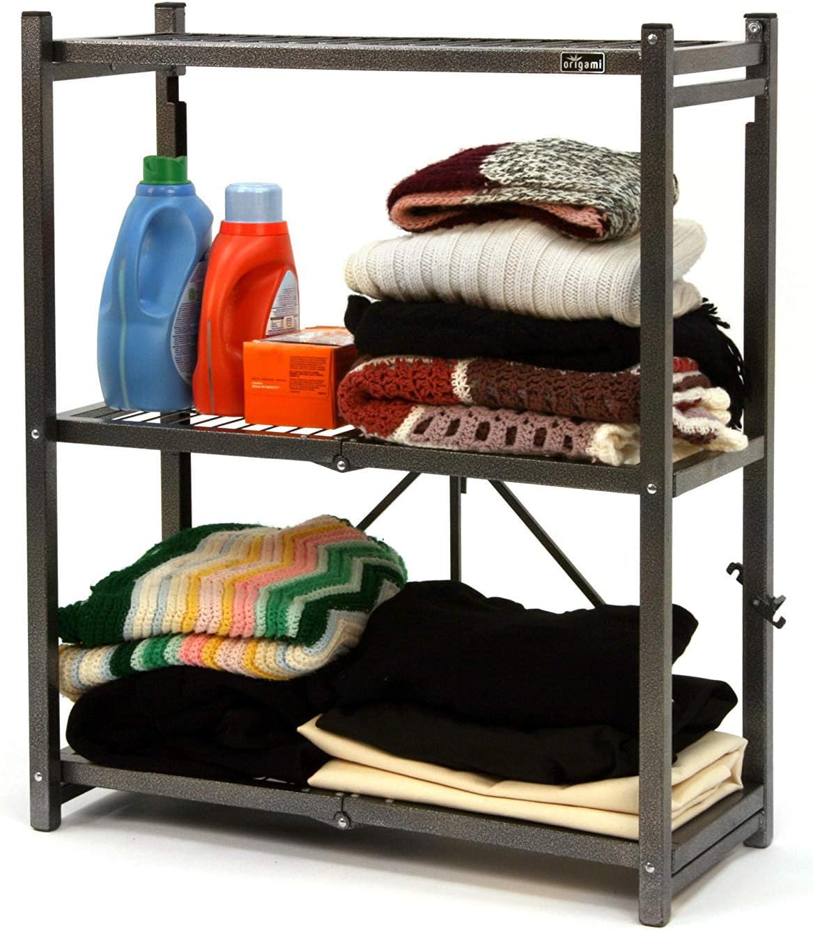 Origami 2 Pack 3 Tier Folding Shelves, Storage Shelving Rack Unit with Wheels, Pewter