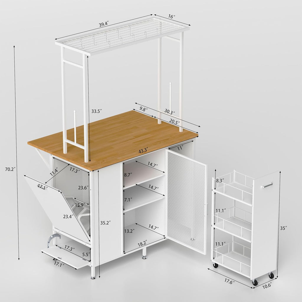 Kitchen Island with Drop Leaf, Trash Can Storage, Large Coffee Bar Table with Bakers Rack and Hooks, 3-Tier Rolling Cart and Shelves, White