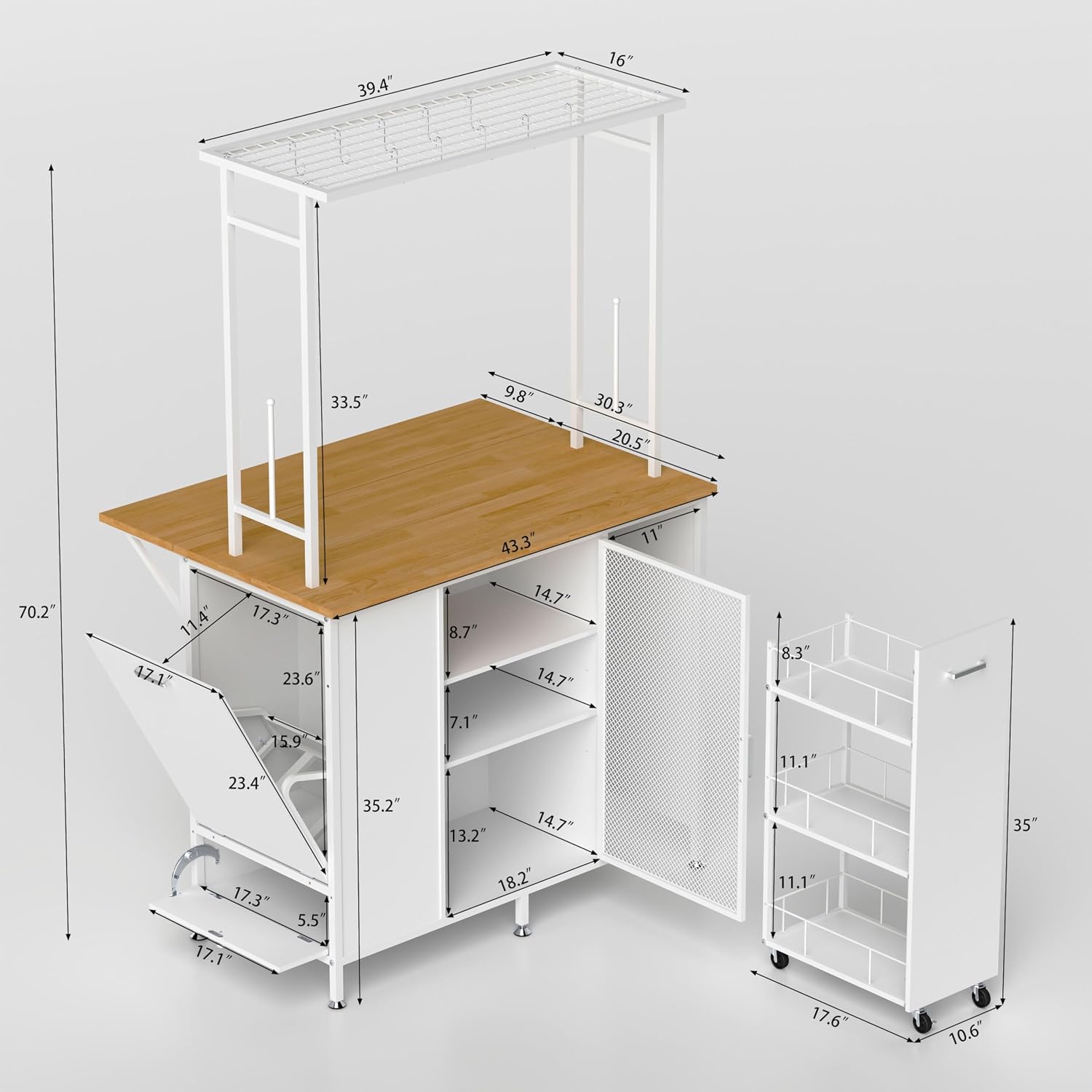 Kitchen Island with Drop Leaf, Trash Can Storage, Large Coffee Bar Table with Bakers Rack and Hooks, 3-Tier Rolling Cart and Shelves, White