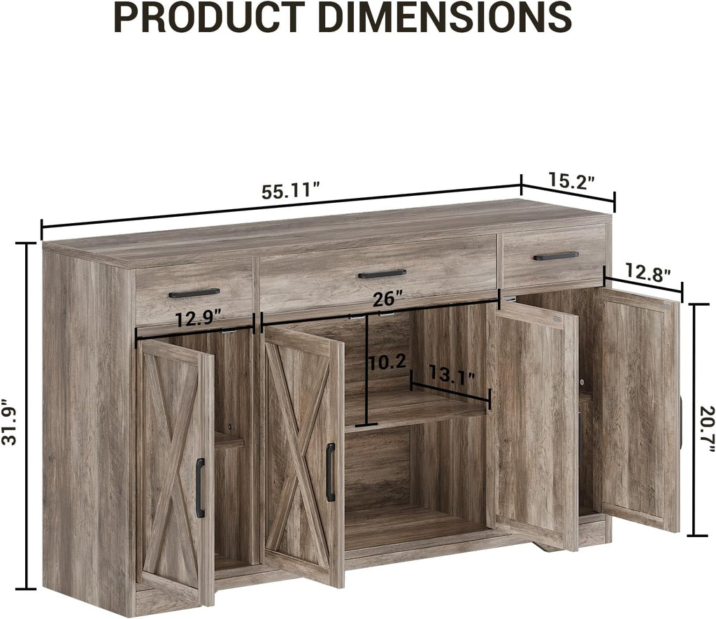 Garvee 55 in Large Buffet Sideboard Cabinet with Storage 4 Doors and 3 Drawers Kitchen Storage Cabinet Coffee Bar Buffet Table for Dining Room, Living Room, Adjustable Shelf