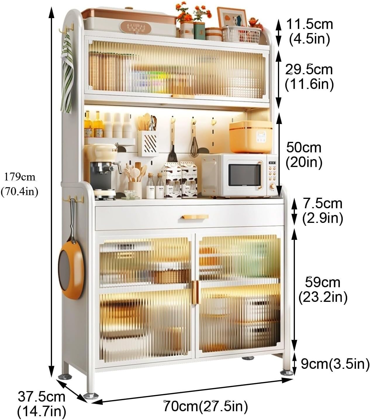 5-Tier Kitchen Bakers Rack with Adjustable Shelves, Microwave Stand & Drawers, Sturdy Metal Frame, Black, 80cm (Style C, 70cm) - Perfect for Organizing Kitchen Space.