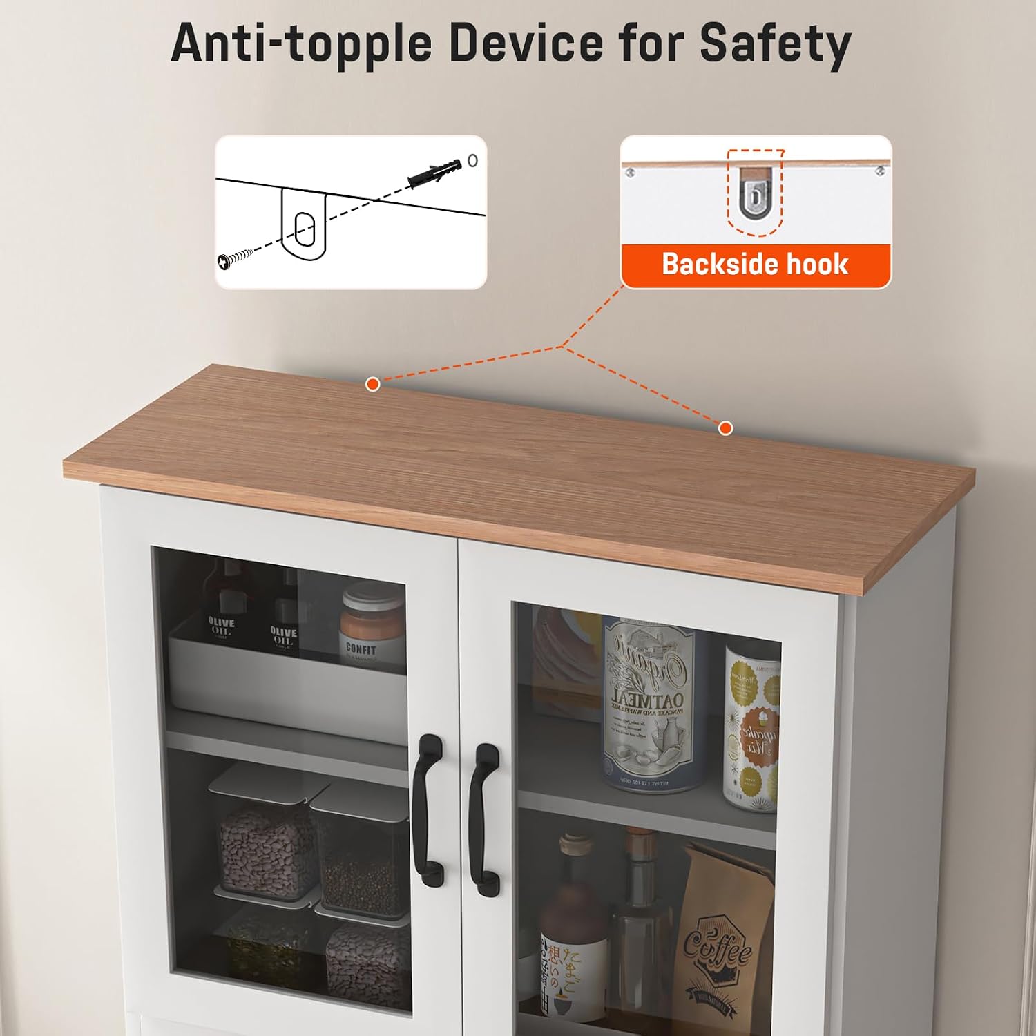 67' Kitchen Pantry Cabinet with Glass Doors & Drawers, Adjustable Shelves, Anti-Tip, Space-Saving Microwave Stand for Small Kitchens