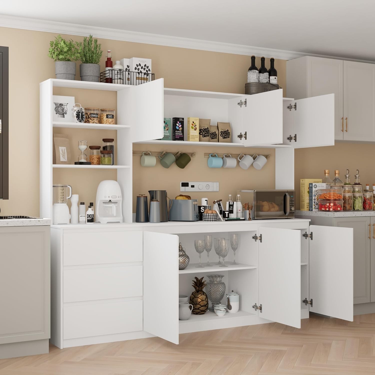 Mekminop Extra Large Kitchen Pantry with Microwave Shelf, Kitchen Hutch Storage Cabinet with Countertop, Freestanding Countertop Cabinet with 3 Drawers and 3 Open Shelves, White
