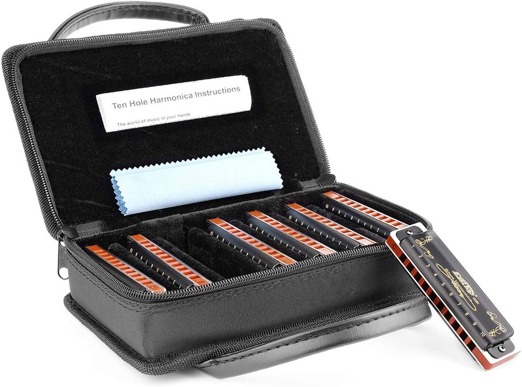 Easttop Harmonica Sets 7 Keys in Key of A B C D E F G 10 Hole 20 Tones with Case Bag & Cleaning Cloth for Adult, Professional Player,Beginner,Heavy Duty, Black